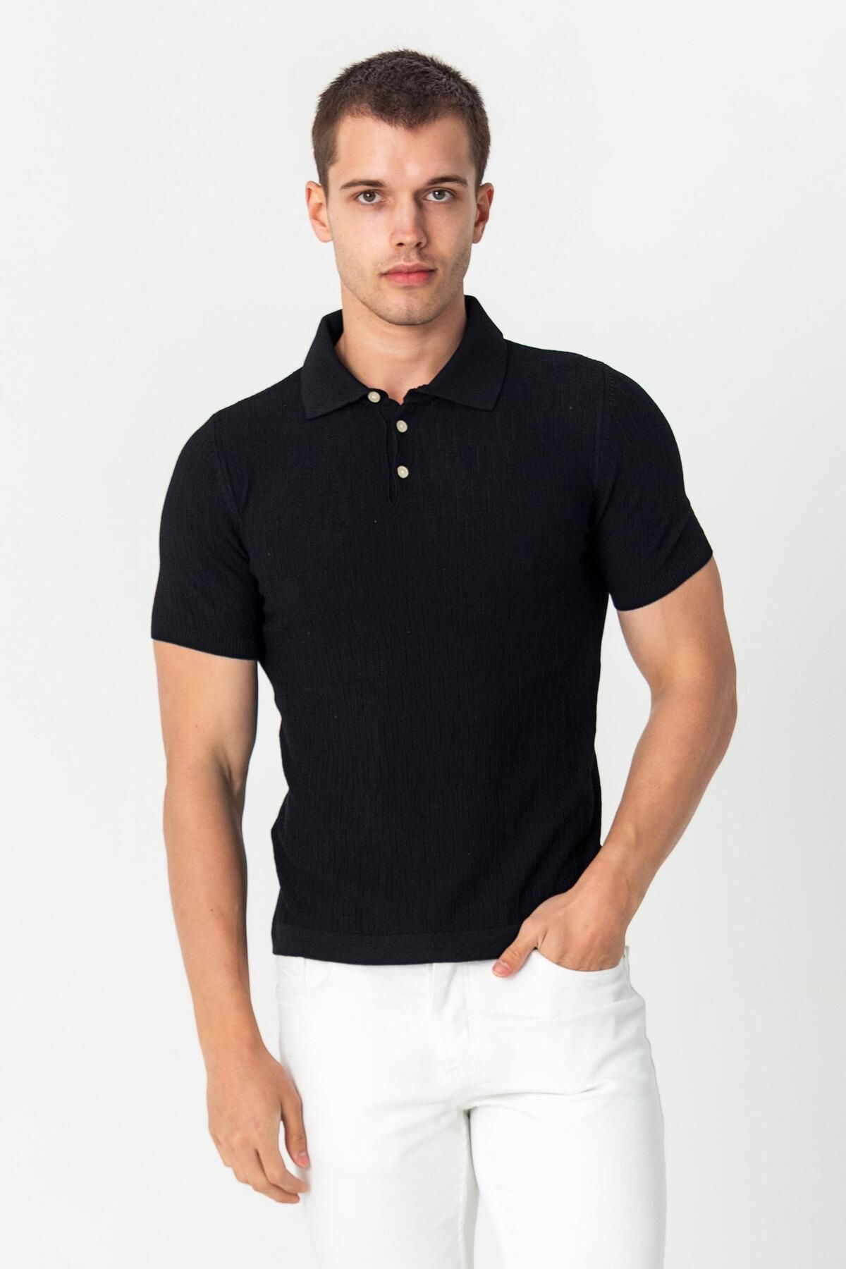 Cekmon Erkek Polo Yaka Kendinden Desenli Viscon Elit İplikten Triko T-shirt