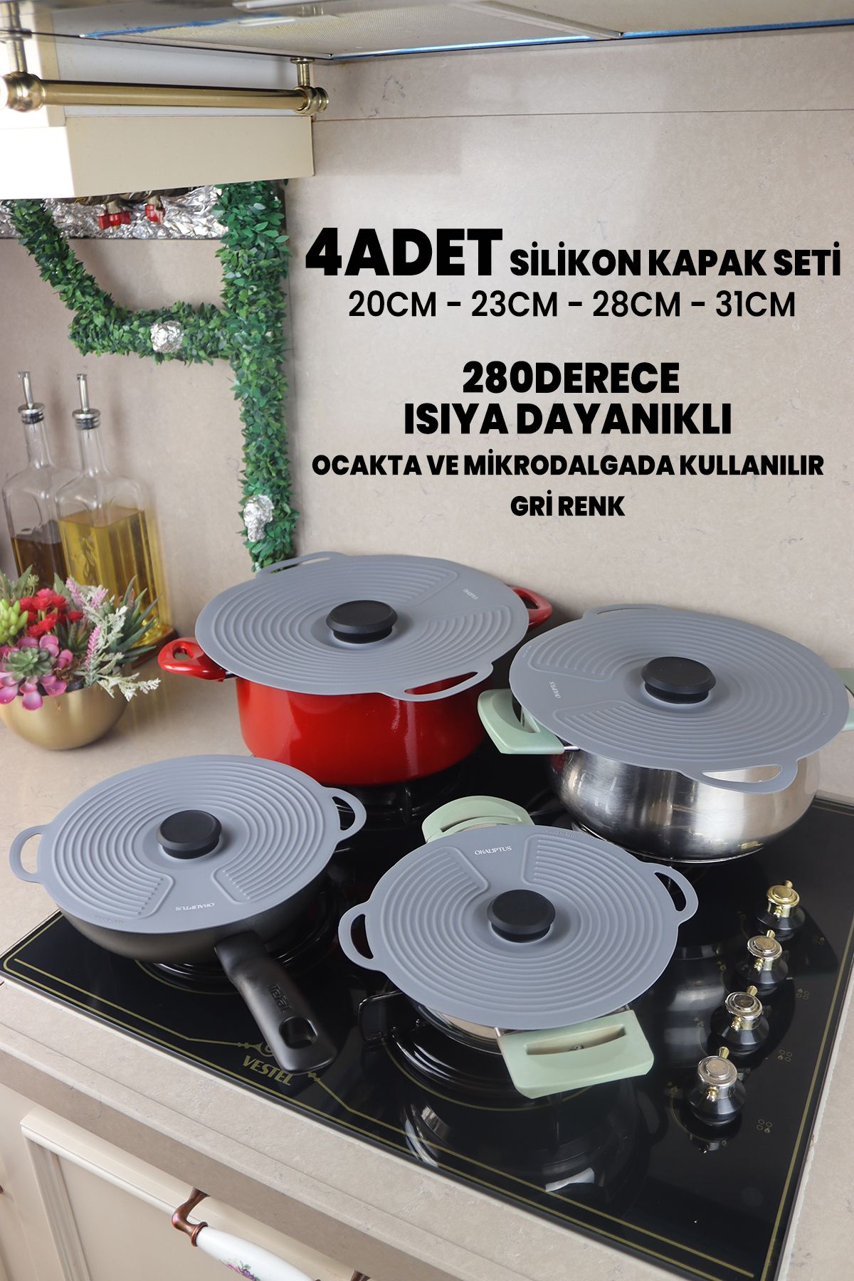 Destpak 4 ADET Silikon Tencere Tava Kapağı Seti - Güçlü Vakum - Hızlı Pişirme - Ocak, Mikrodalga Buzdolabı