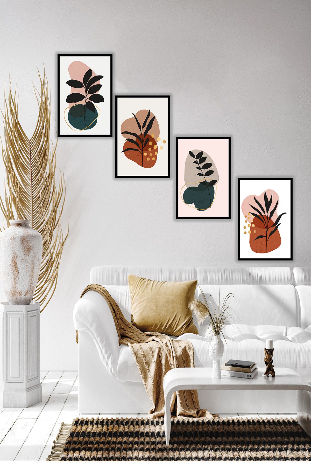 dekor artı Toprak Tonlarında Boho Yapraklı 4 Parça Tablo Seti Çerçeve Görünümlü Ahşap MDF Üzeri UV Baskı
