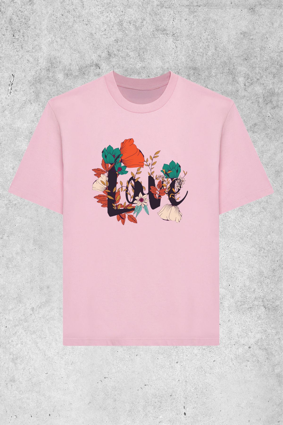 MOLICO Basic unisex sıfır yaka kısa kollu LOVE çiçek baskılı tshirt