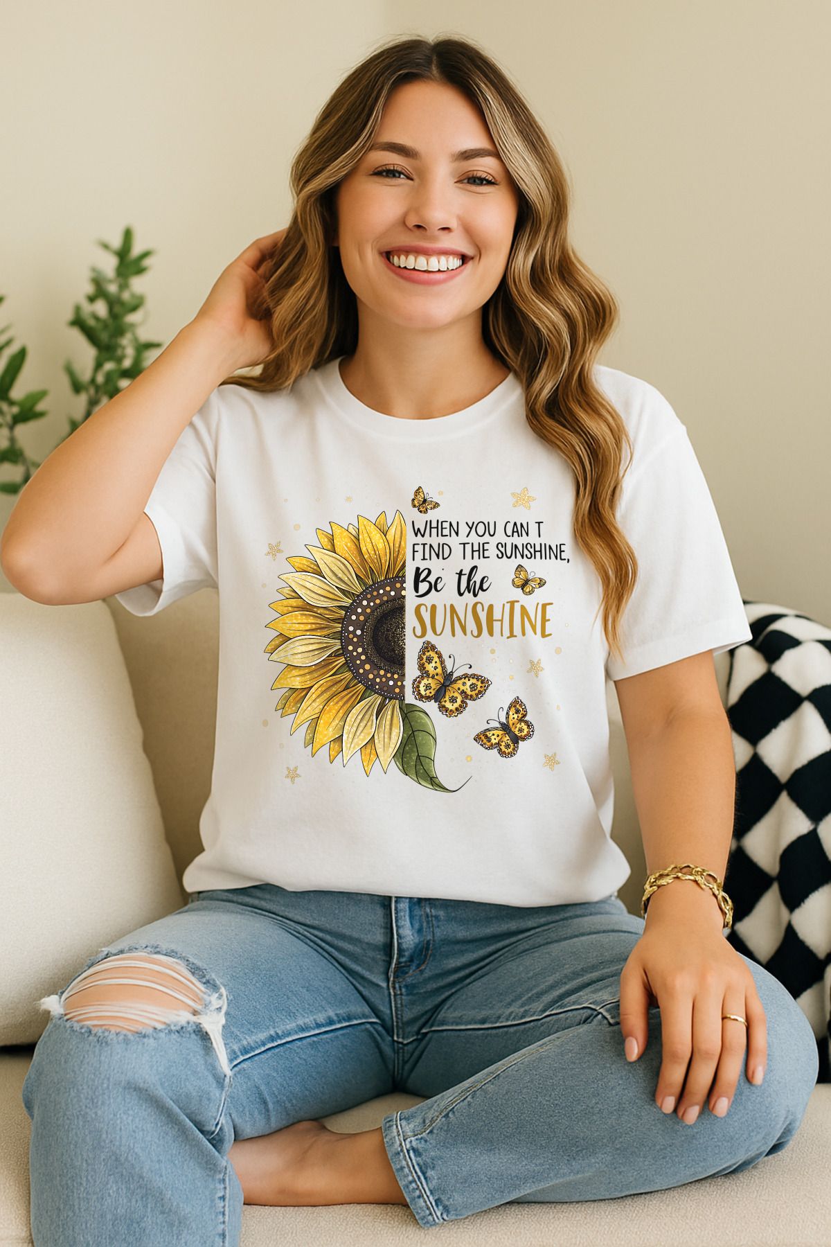 ArtWearDesign Kadın Beyaz Oversize Sunshine Baskılı %100 Pamuk Bisiklet Yaka Kısa Kol Süprem T-Shirt