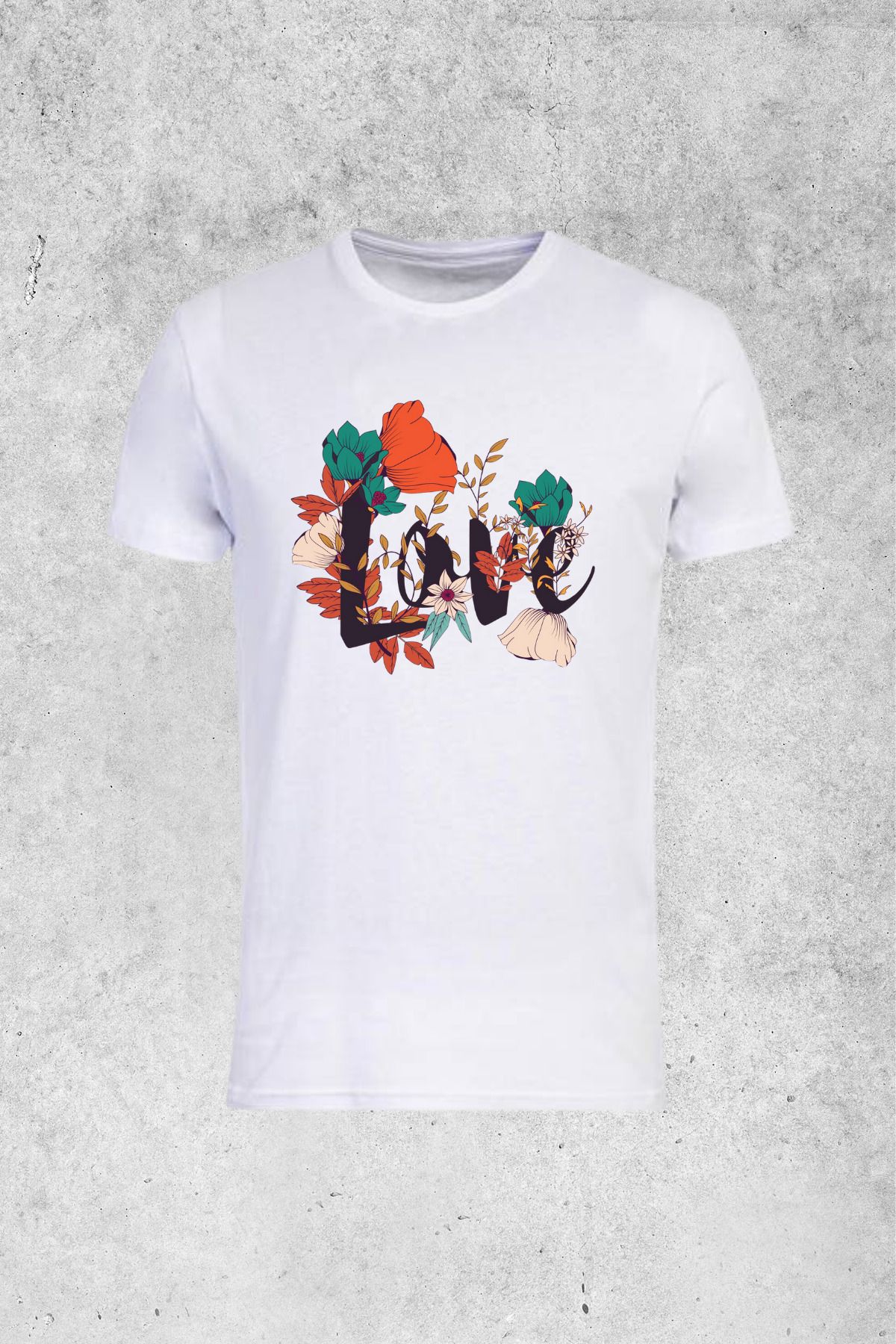MOLICO Basic unisex sıfır yaka kısa kollu LOVE çiçek baskılı tshirt