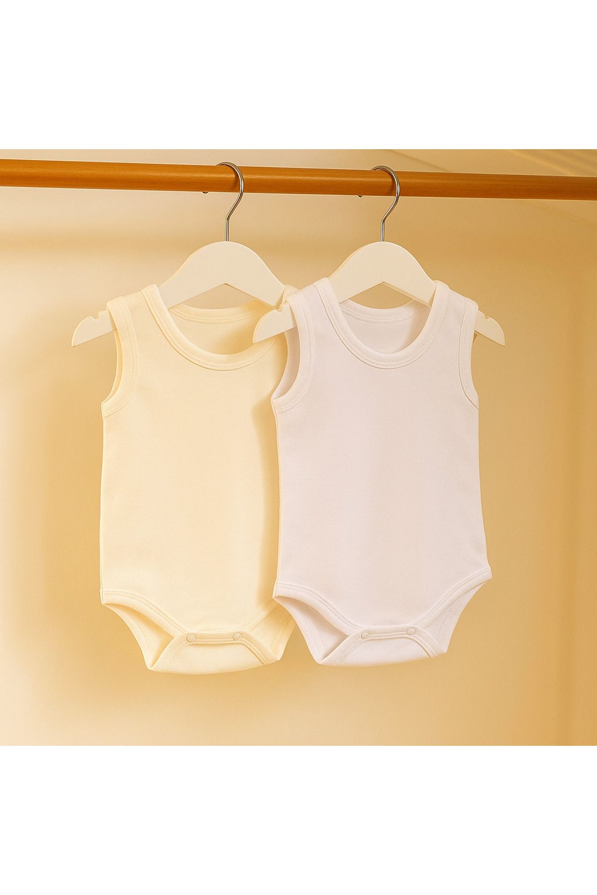SUQVA %100 Pamuk 2’li Askılı Bebek Body Zıbın Seti (Beyaz & Ekru)