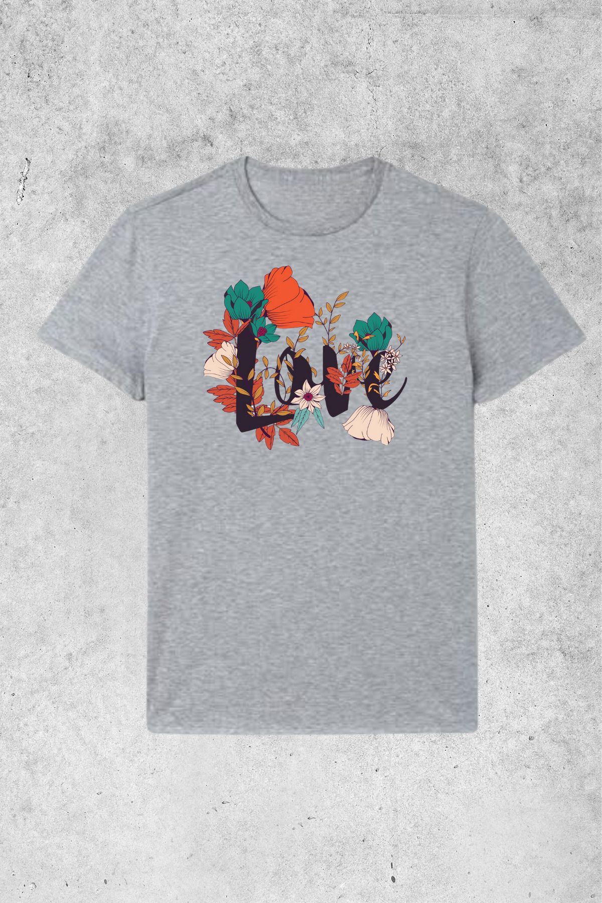 MOLICO Basic unisex sıfır yaka kısa kollu LOVE çiçek baskılı tshirt