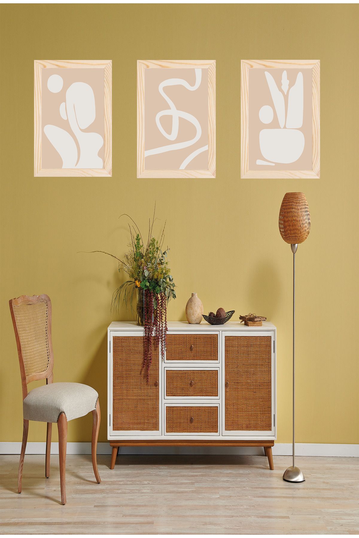 dekor artı 3'lü Minimalist Pembe Beyaz Şekilli Çerçeve Görünümlü Tablo