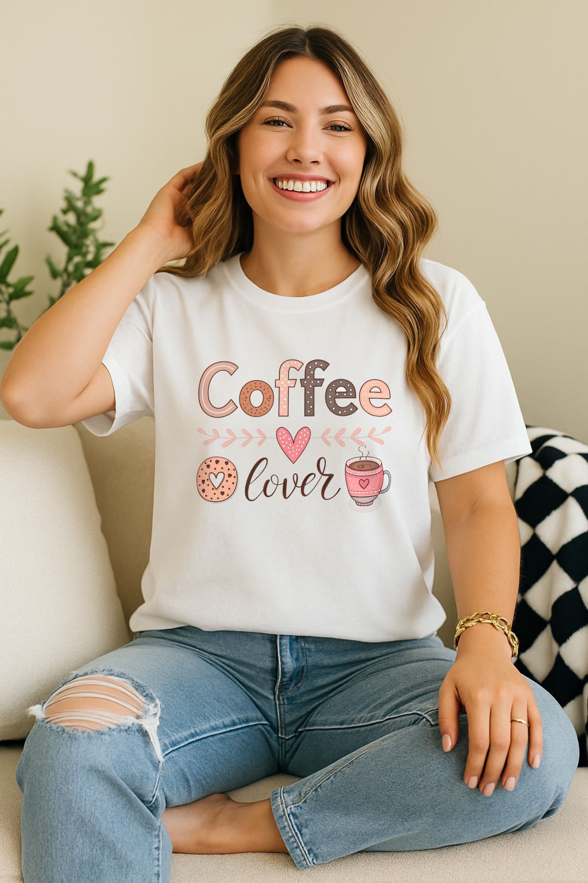 ArtWearDesign Kadın Beyaz Oversize Coffee Lover Baskılı %100 Pamuk Bisiklet Yaka Kısa Kol Süprem T-Shirt