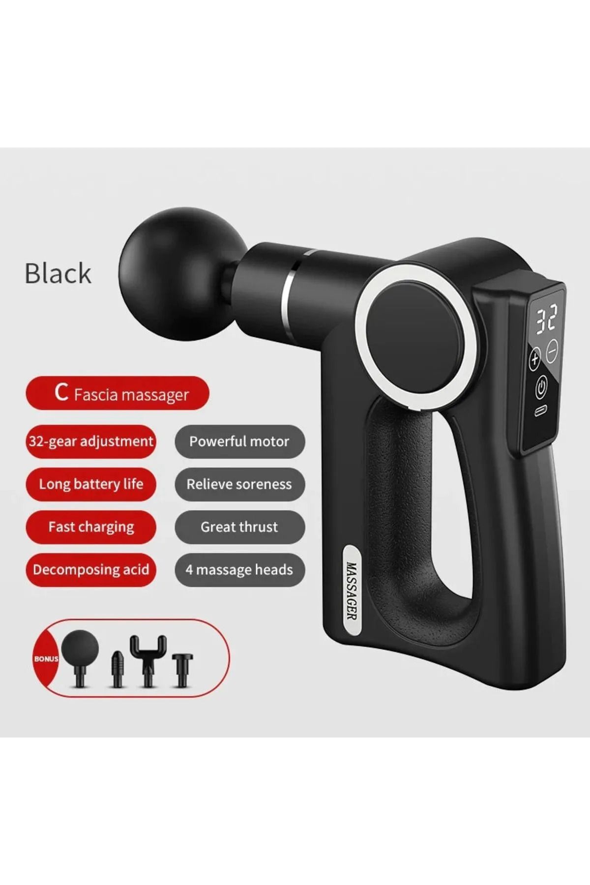 UNİDEN Kemerli Masaj Tabancası Led Ekran 4 Başlıklı Kas Rahatlatıcı Sporcu Şarjlı Massage Gun