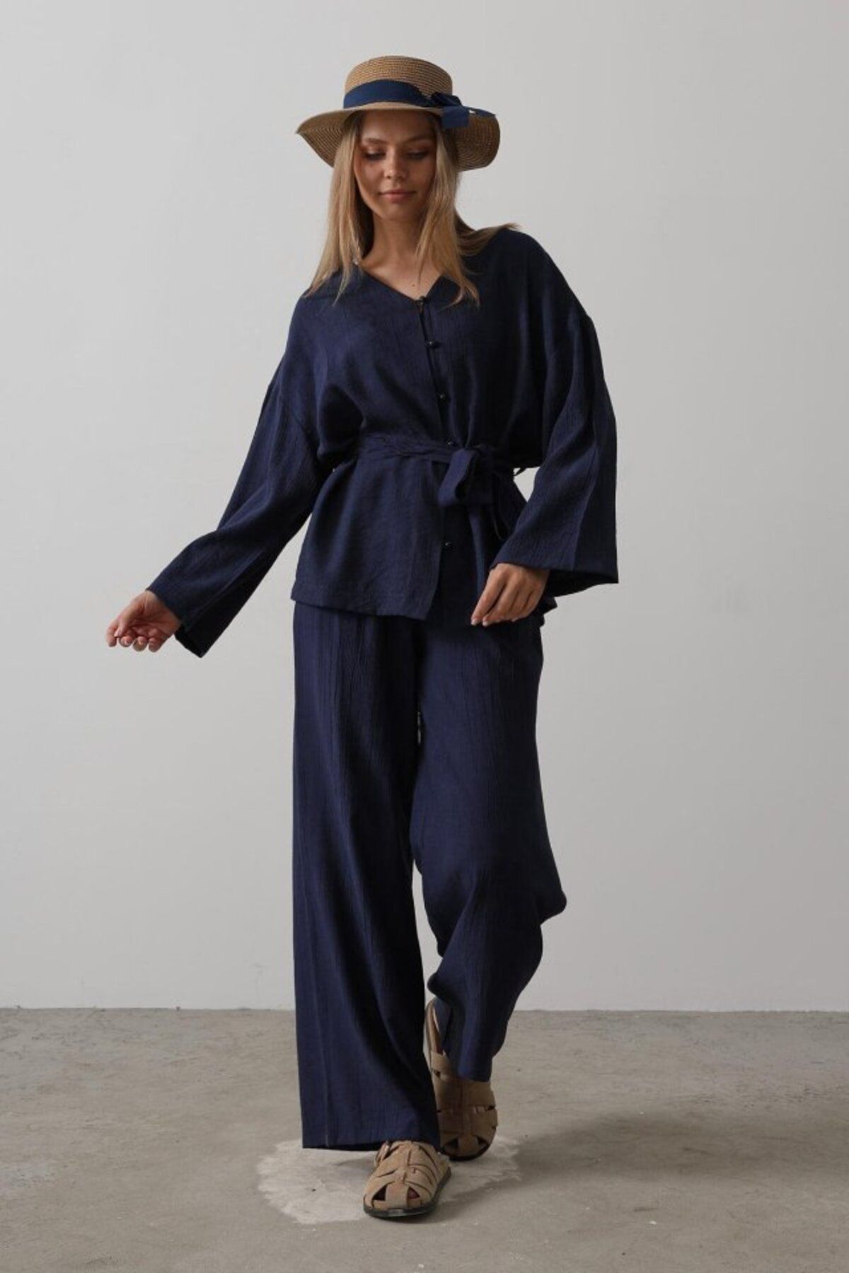 royq Beli Bağlamalı Tunik Ve Beli Bağlamalı Pantolon Takım - Lacivert