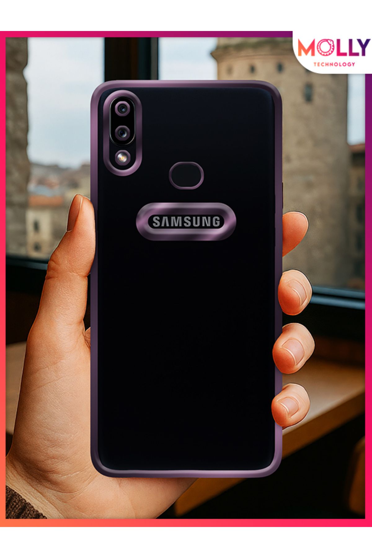 Molly Samsung Galaxy A10s İçin Kenarları Derin Mor Lens Koruyuculu Lou Lazer Şeffaf Silikon Kılıf