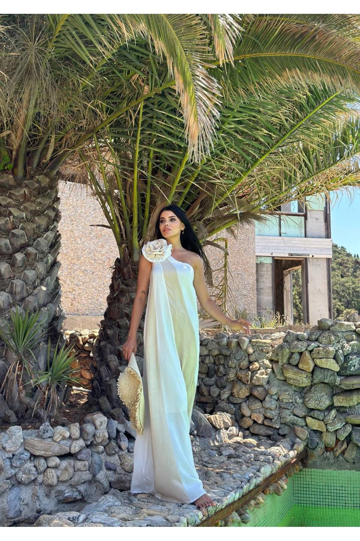 Castivo Fashion Çiçek Detaylı Asimetrik Tek Omuz Uzun Elbise