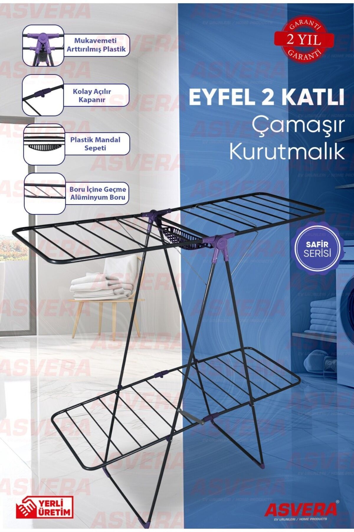 teknotrust Safir Serisi - Eyfel Full-hard Iki Katlı Çamaşır Kurutmalık - Ikiz Çamaşır Kurutma Askısı