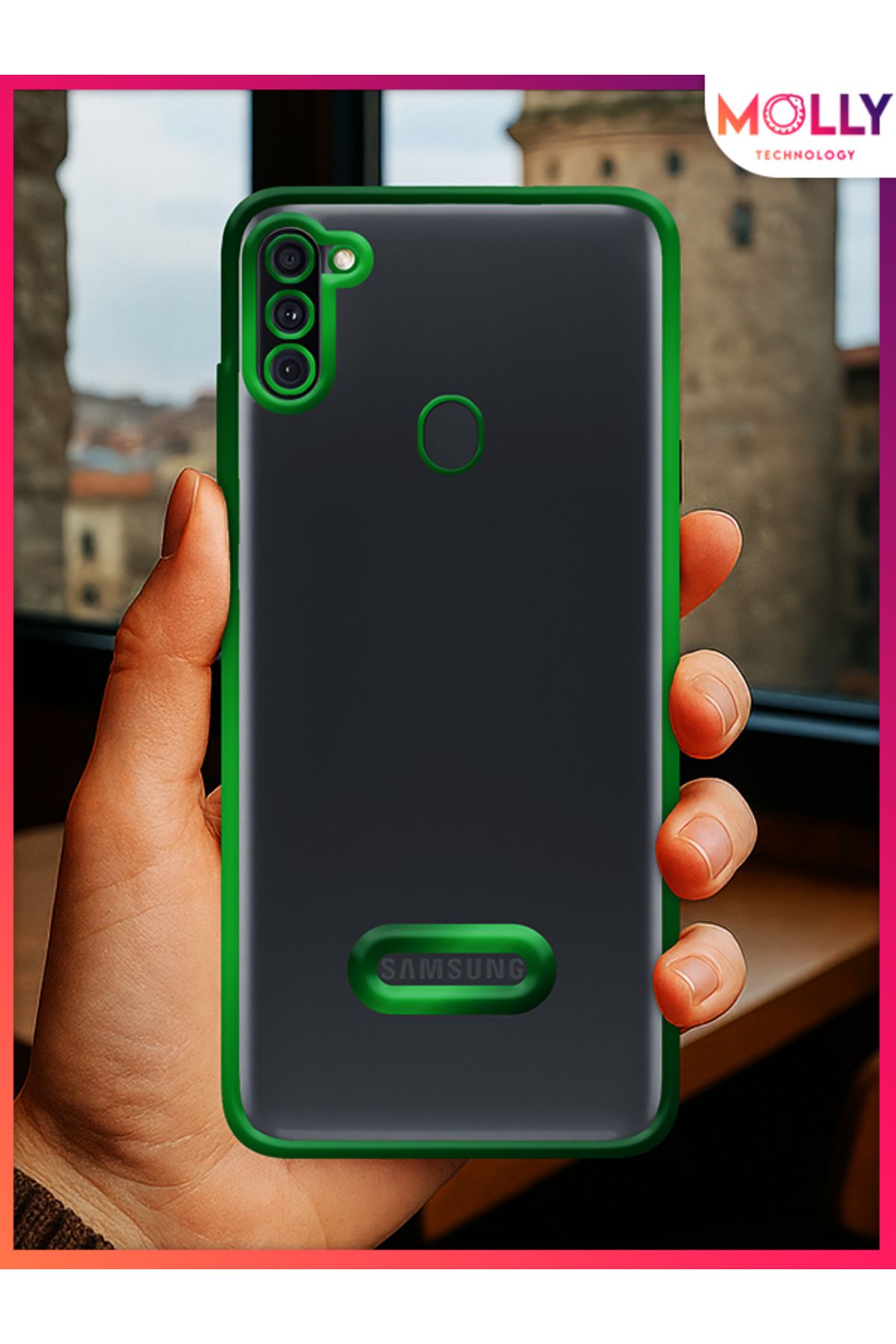 Molly Samsung Galaxy A11 İçin Kenarları Zehir Yeşili Lens Koruyuculu Lou Lazer Şeffaf Silikon Kılıf