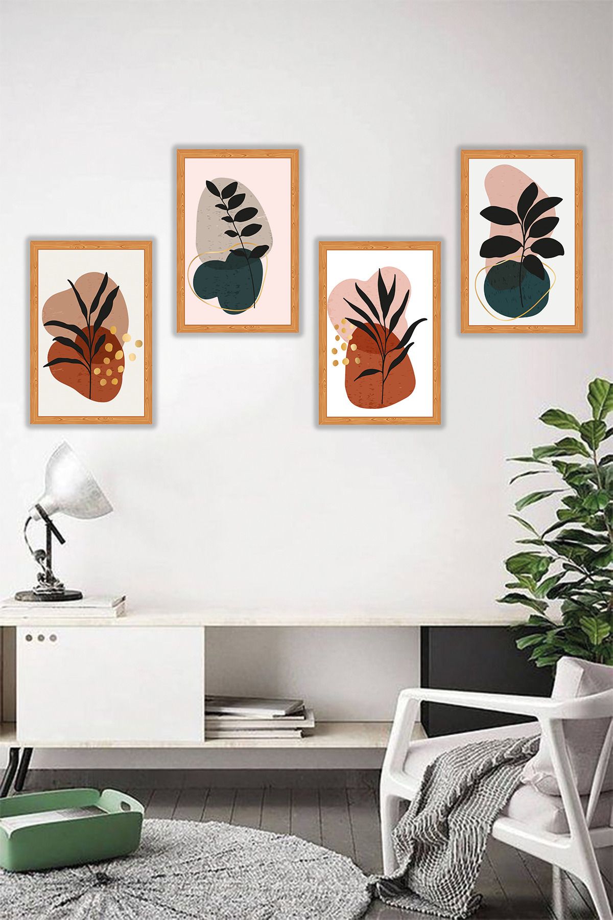 dekor artı Toprak Tonlarında Boho Yapraklı 4 Parça Tablo Seti Çerçeve Görünümlü Ahşap MDF Üzeri UV Baskı