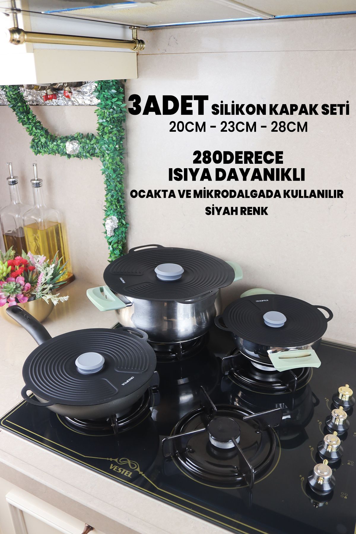 Destpak 3 ADET Silikon Tencere Tava Kapağı Seti - Güçlü Vakum - Hızlı Pişirme - Ocak, Mikrodalga Buzdolabı