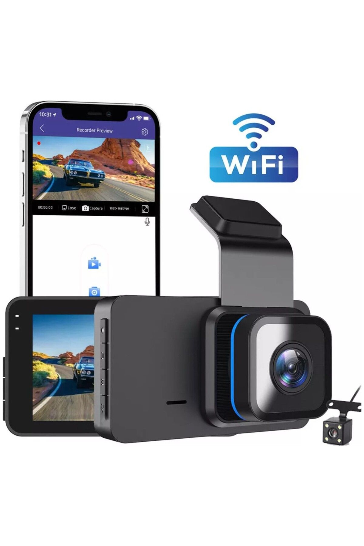 EN SİGA Araç Kamerası 2k Video Kaydı 3inç Ekranlı Wifi App Kontrol + Gece Görüşü Geri Görüş Kamerası