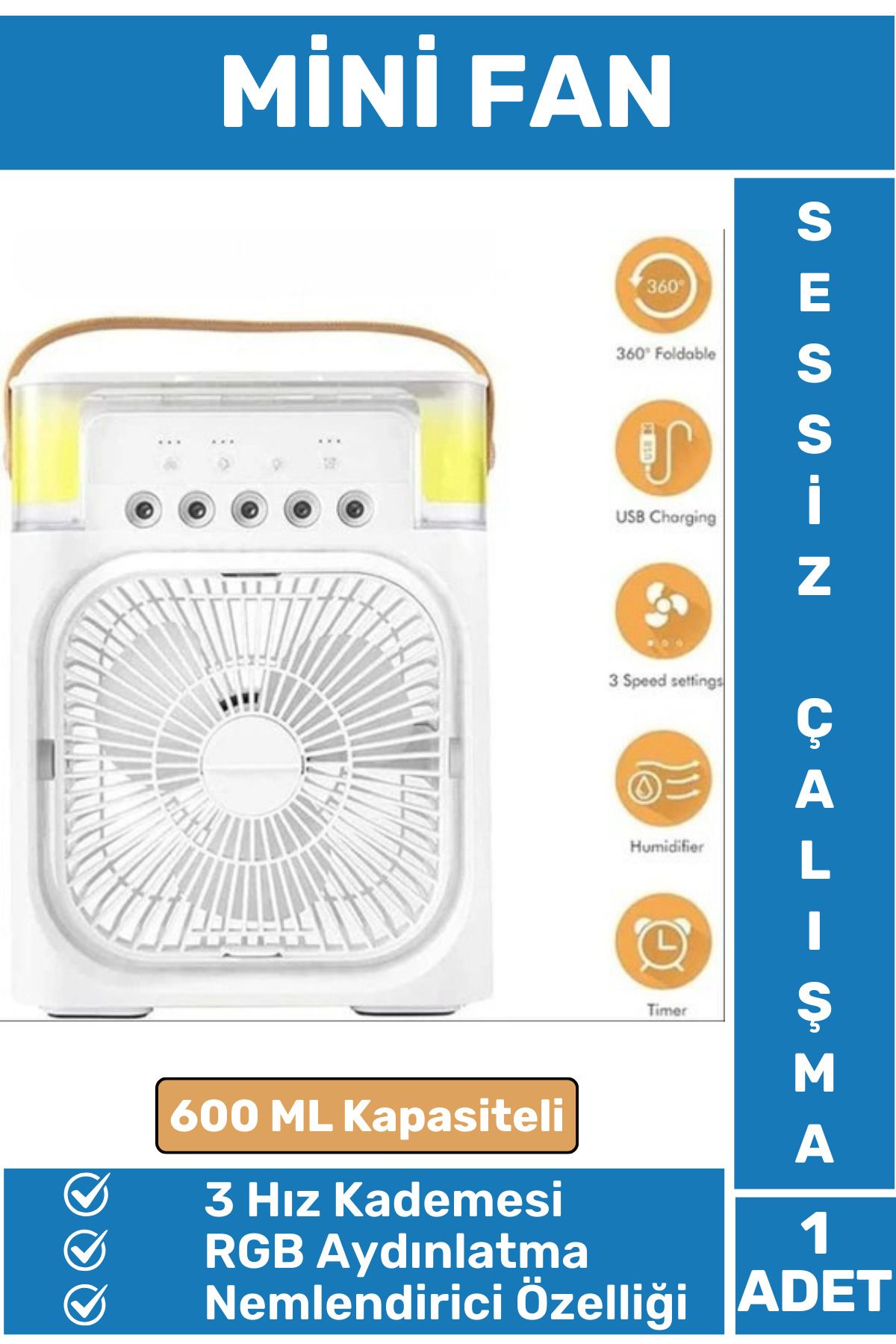 Wintoup Kompakt Sessiz Çalışma 3 Kademeli RGB Aydınlatma Nemlendirici Özellikli Ev Ofis Mini Vantilatör FAN