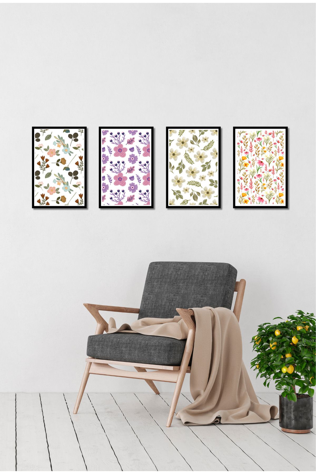 dekor artı Vintage Tarzı 4 Parça Tablo Seti Siyah Çerçeve Görünümlü Ahşap MDF Üzeri UV Baskılı