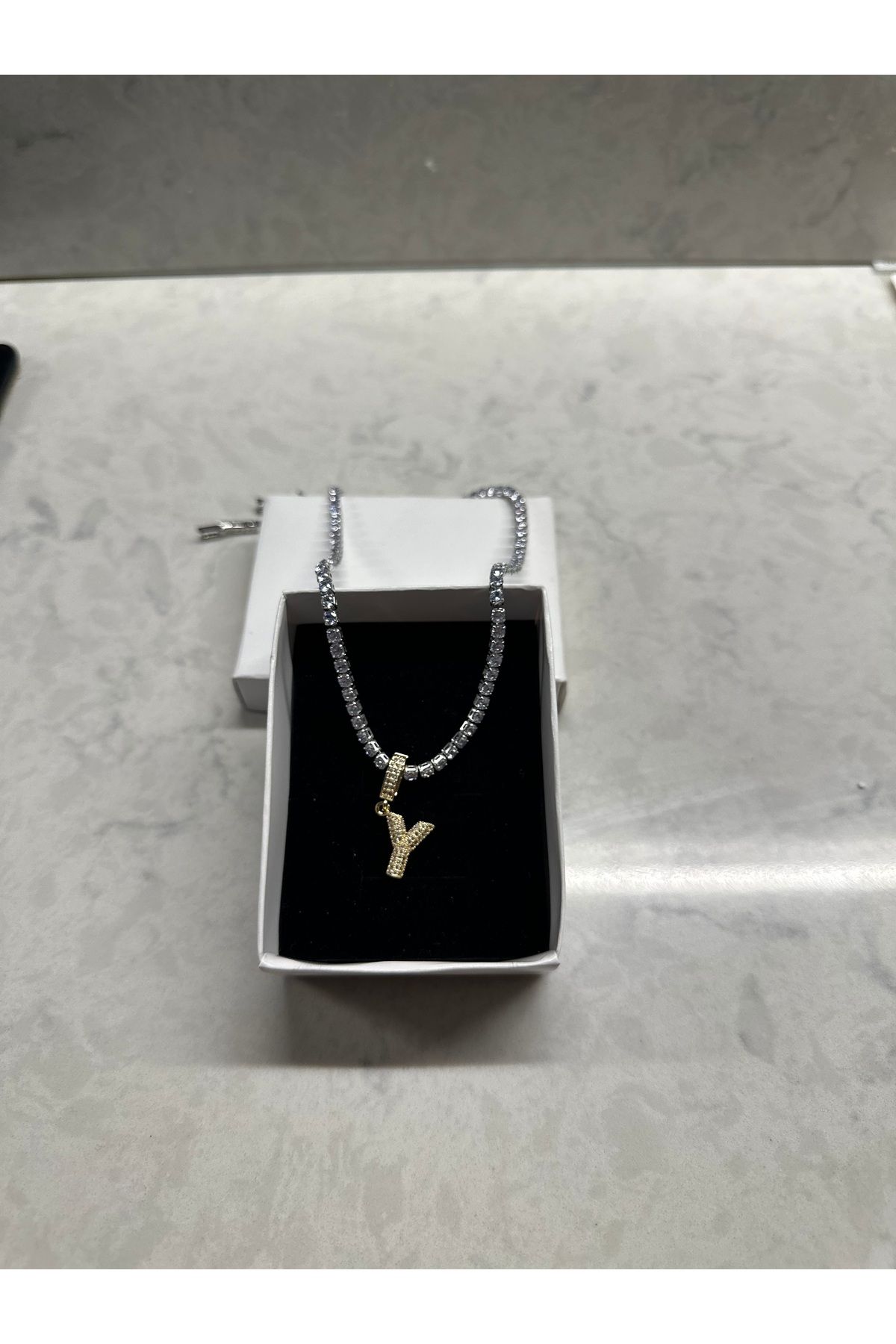 Shop west Taş İşlemeli Harfli Gold Kolye