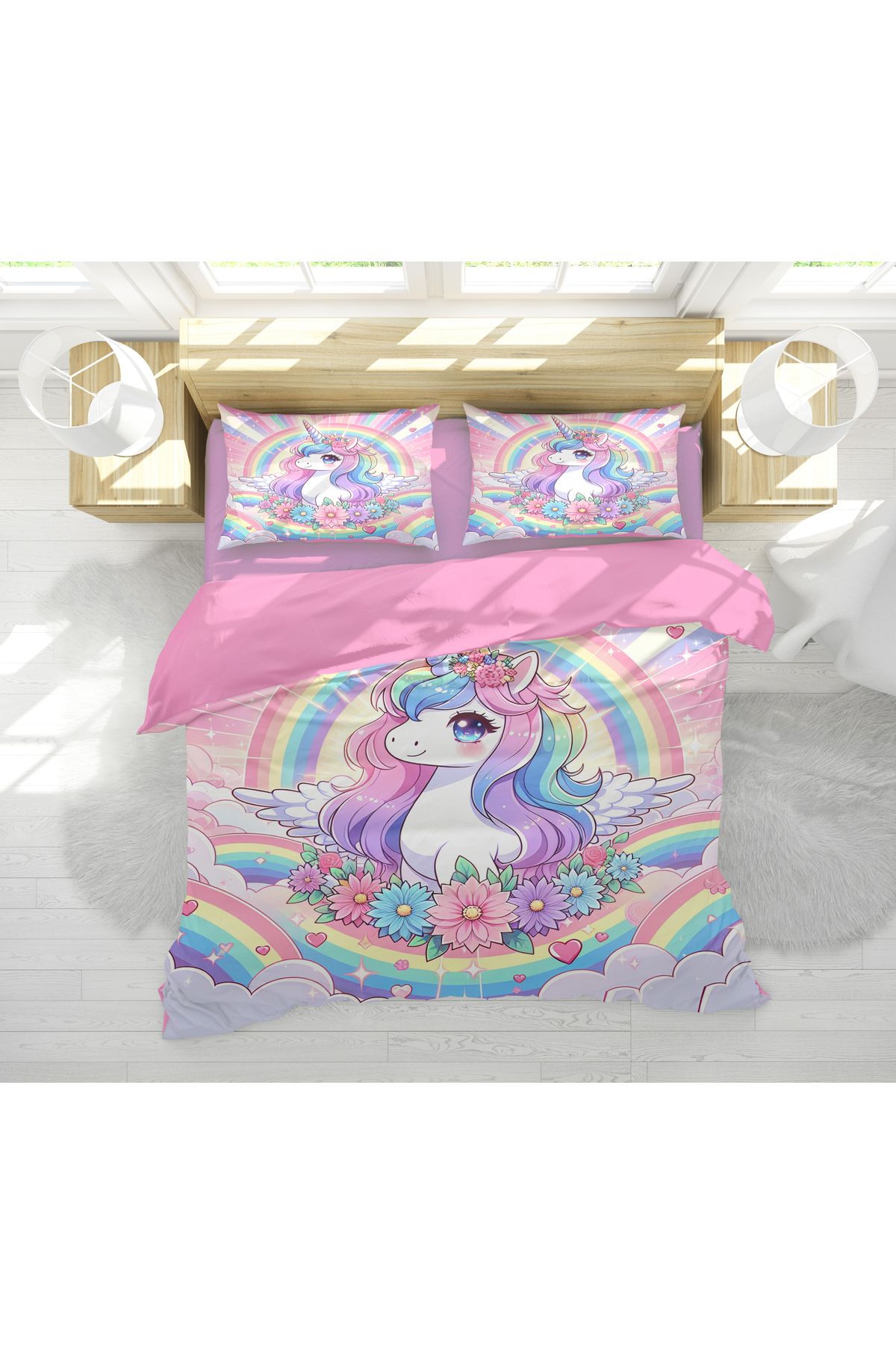 Erays Home Unicorn 3D Dijital Baskılı Çift Kişilik Nevresim Takımı Kız Çocuk Çift Kişilik Nevresim Takımı