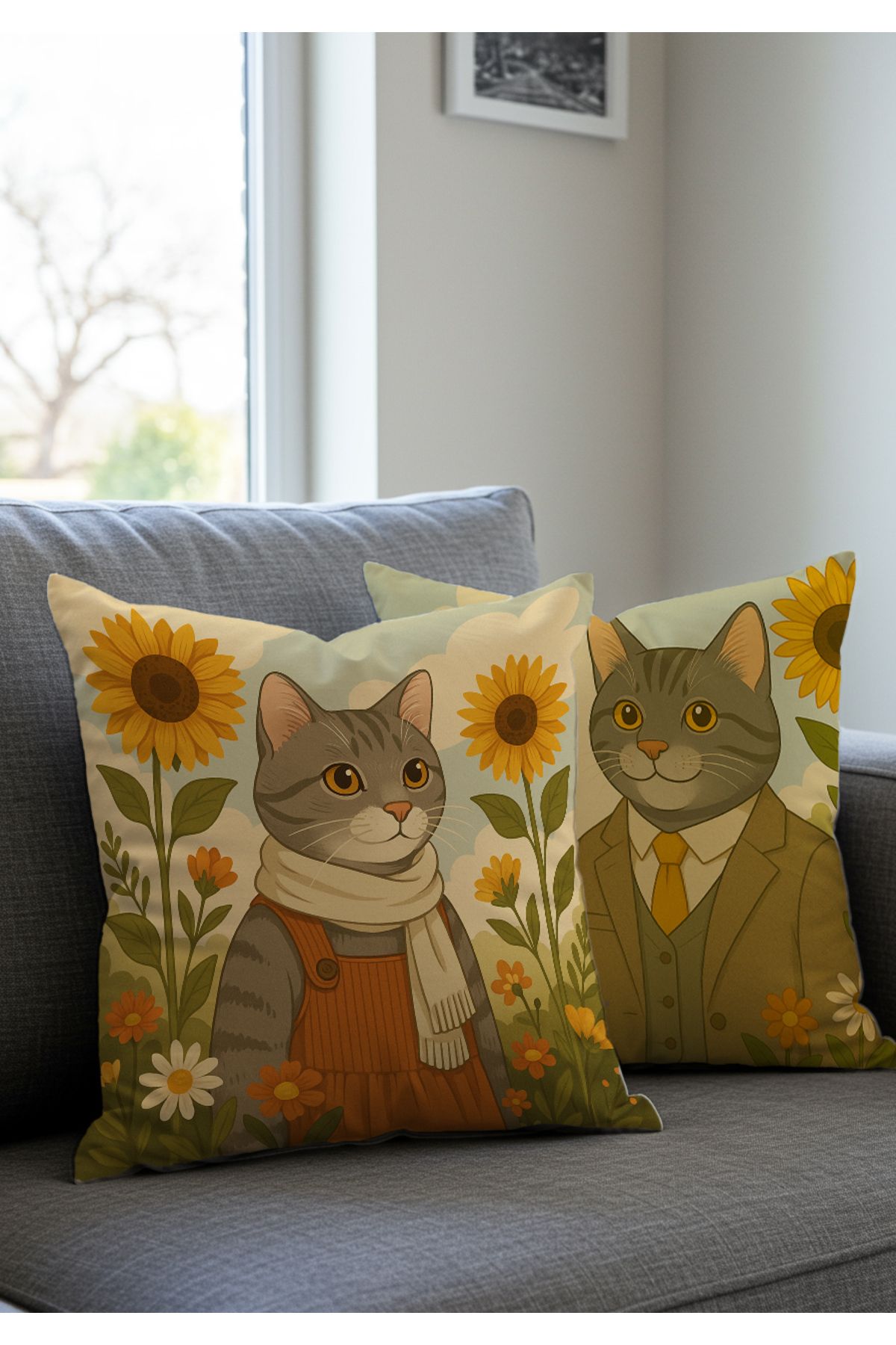 Artvibe Ghibli Tarzı Çiçekli Kedi Çift Kırlent Kılıfı – Romantik 2’li Set Çiftlere Özel Dekoratif Yastık