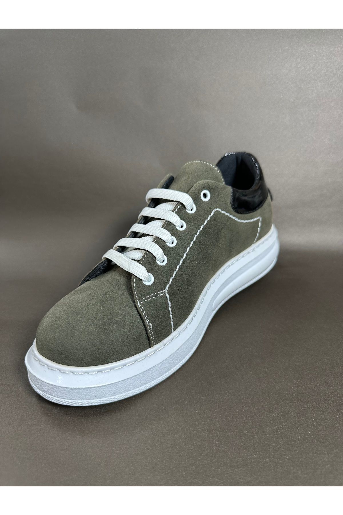 cimes sport Anatomic Deri Bağcıklı İnce Tabanlı Günlük Spor Ayakkabı Sneaker Haki Süet
