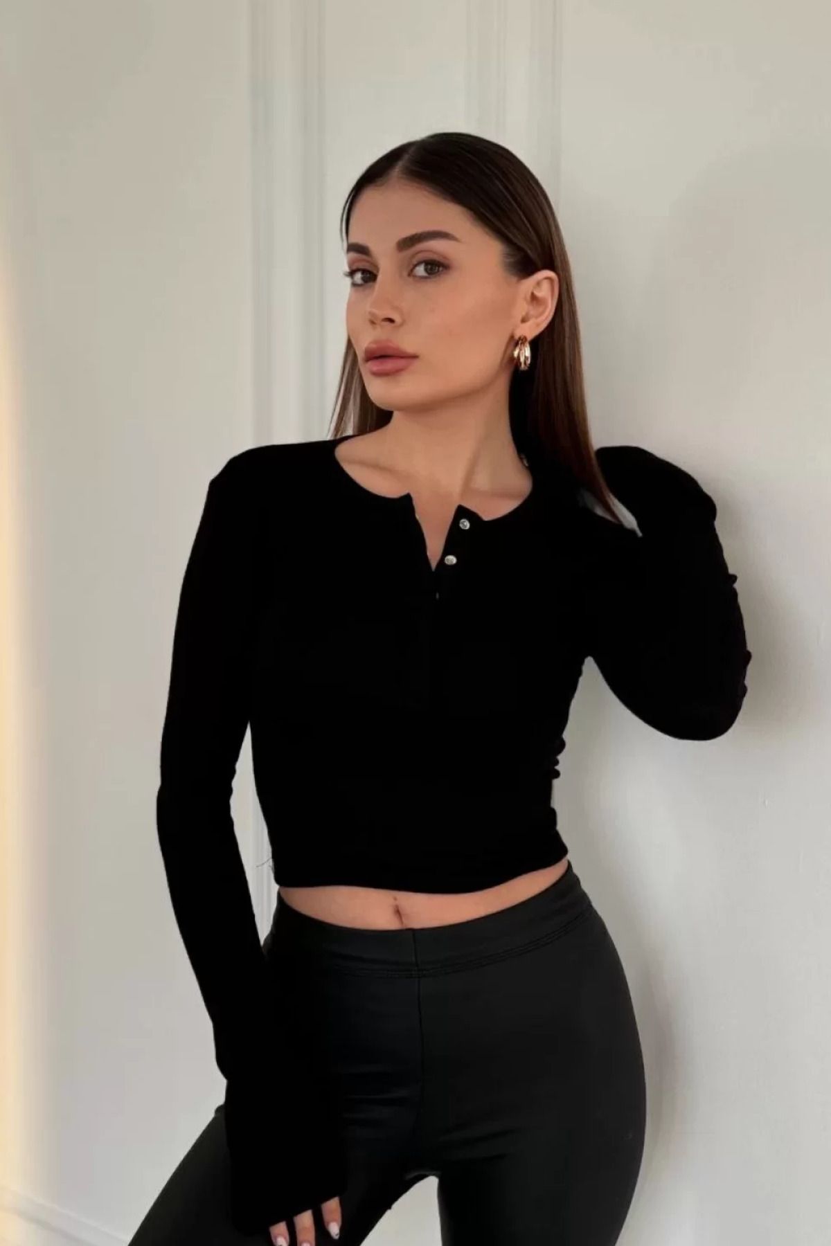 İndigo Park Uzun Kollu Crop Cıt Cıt Detaylı