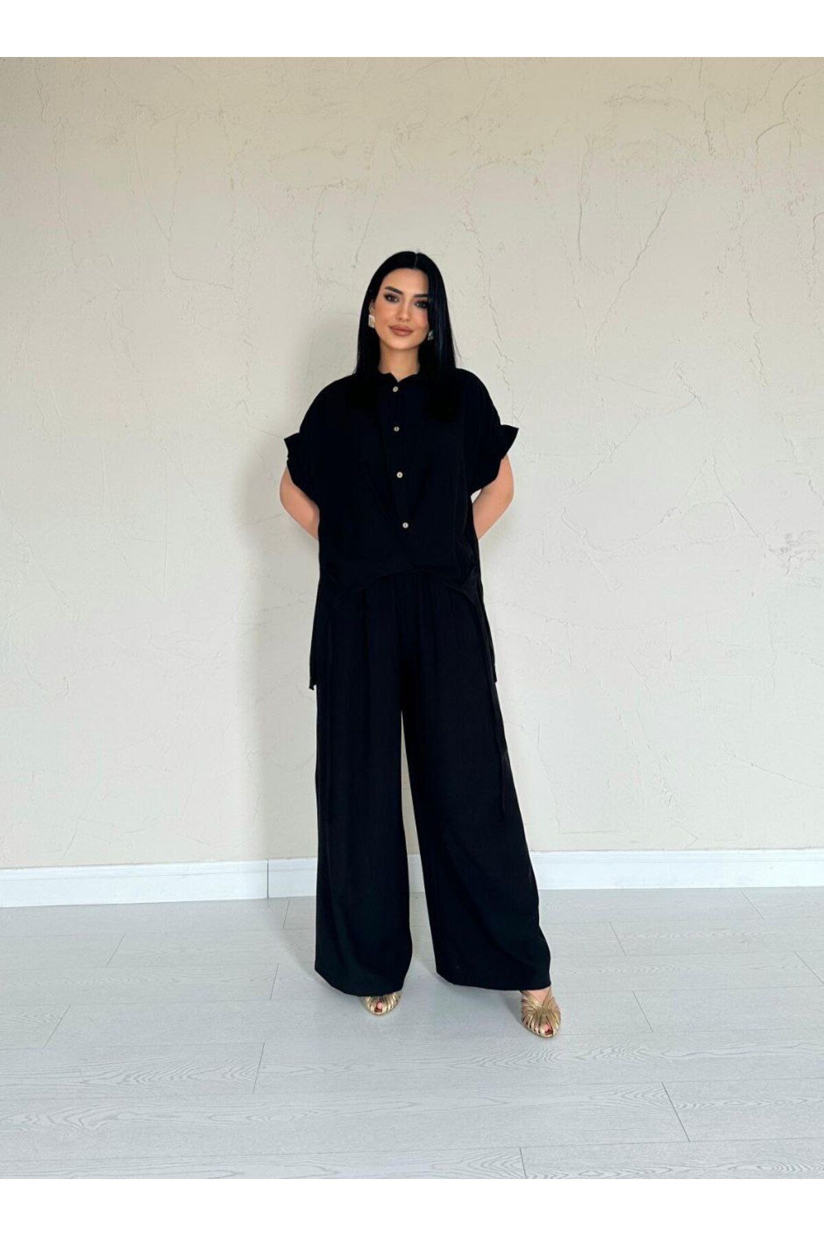 369 etnik butik Düğmeli Bol Paça İkili Takım