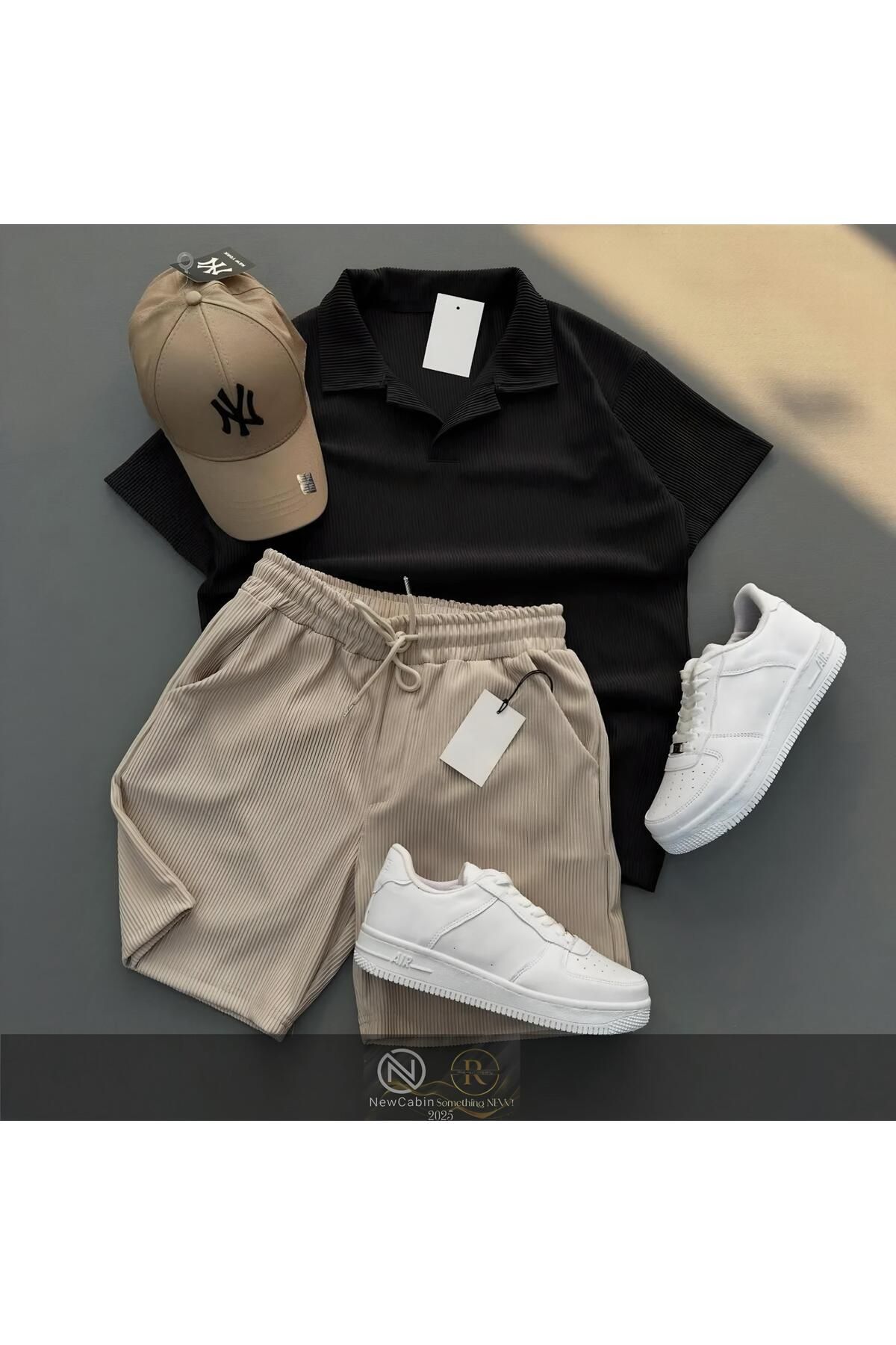 NewCabin Fitilli Ottoman Premium Kumaş Polo Yaka Unisex T-Shirt ve Şort Takım