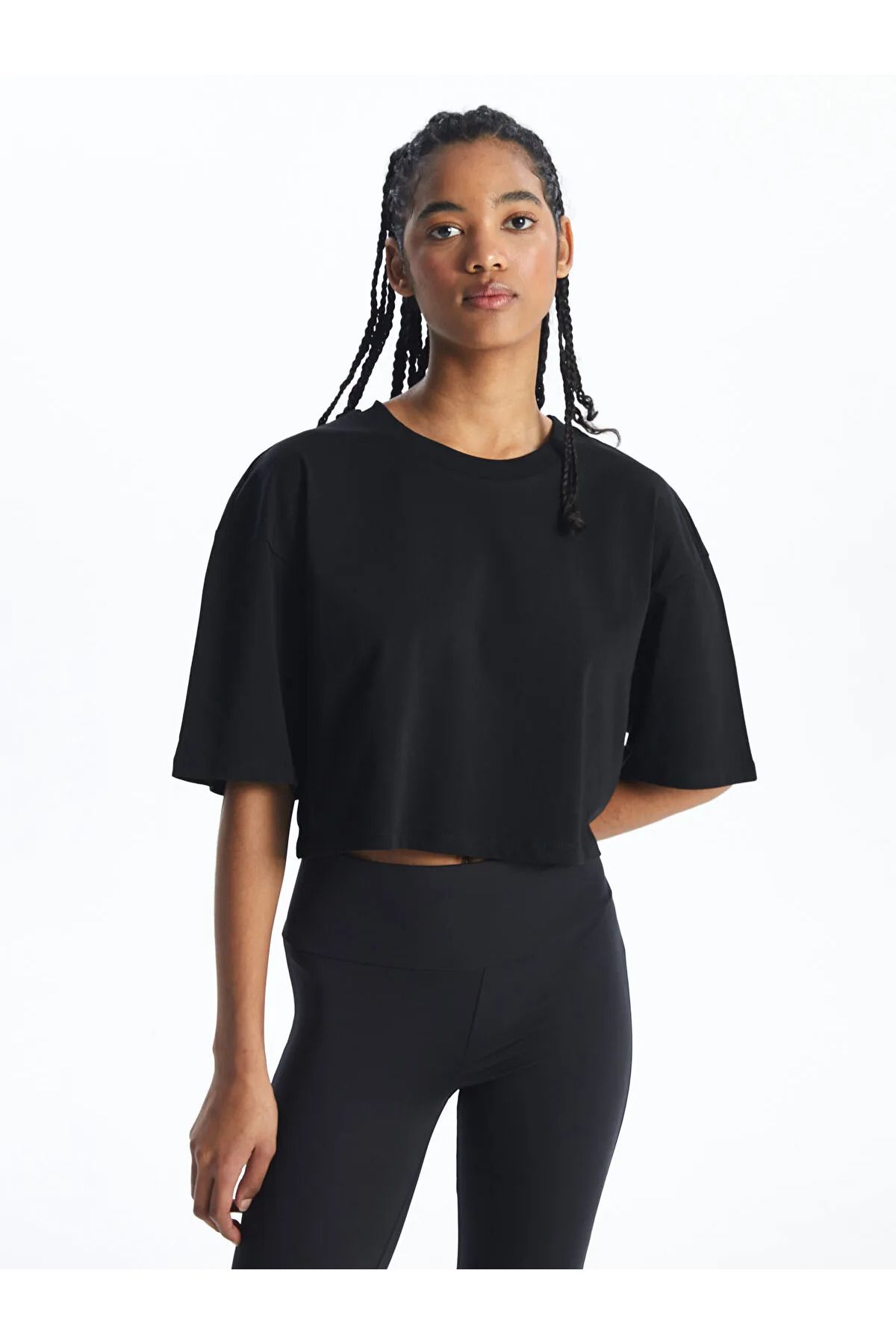OWWO Kadın Siyah Bisiklet Yaka Oversize Süprem Basic Crop Tişört