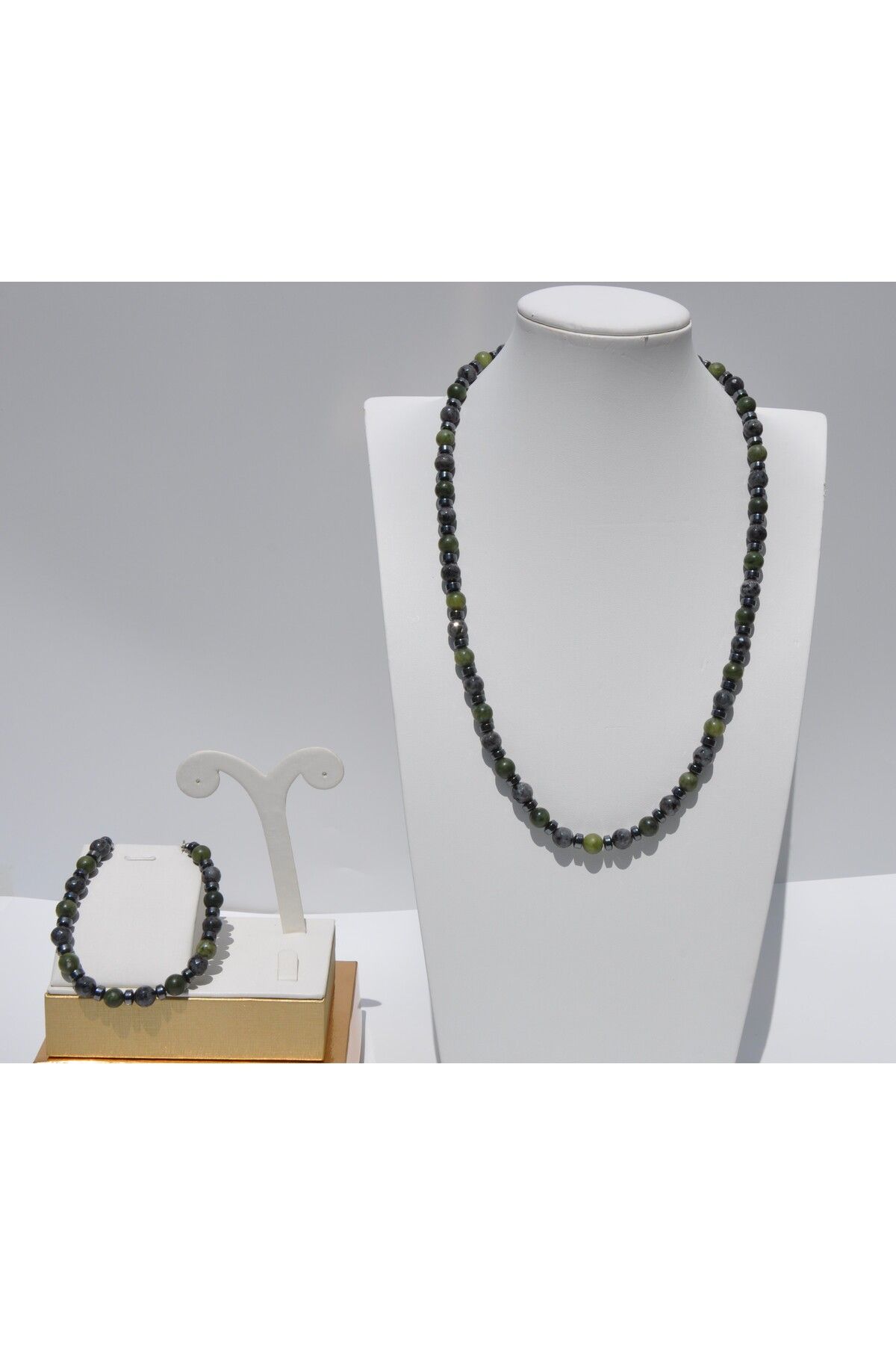 Nilfu Atelier LARVİKİT YEŞİM TAŞI HEMATİT DOĞAL TAŞ KOLYE BİLEKLİK SETİ