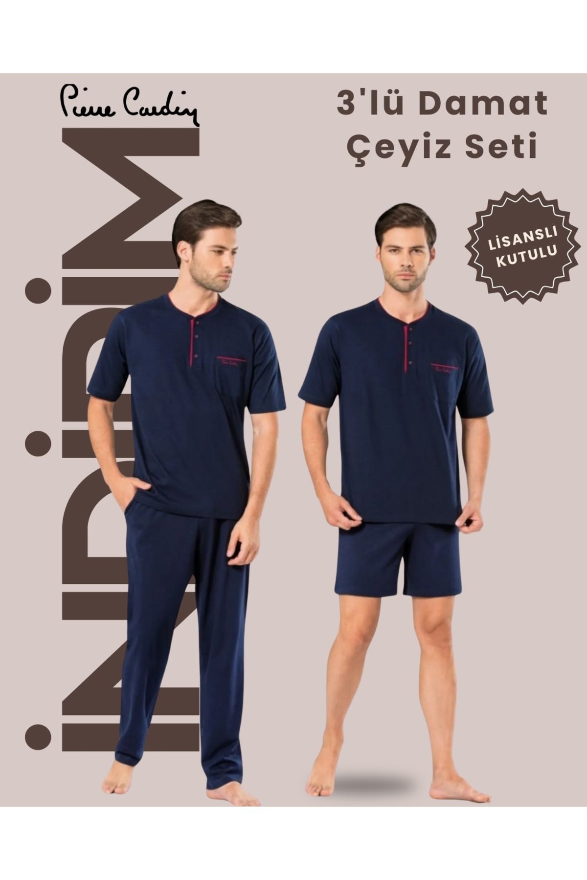 Pierre Cardin 3'lü Erkek Çeyiz Pijama Takımı- %100 Pamuklu, Kutulu