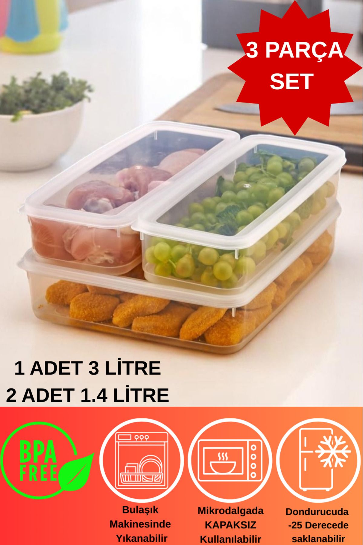 DOVİ HOME 3 Parça Vakumlu Sızdırmaz Saklama Kabı Seti 3000ml ve 1400ml | Şeffaf | Buzdolabı Düzenleyici