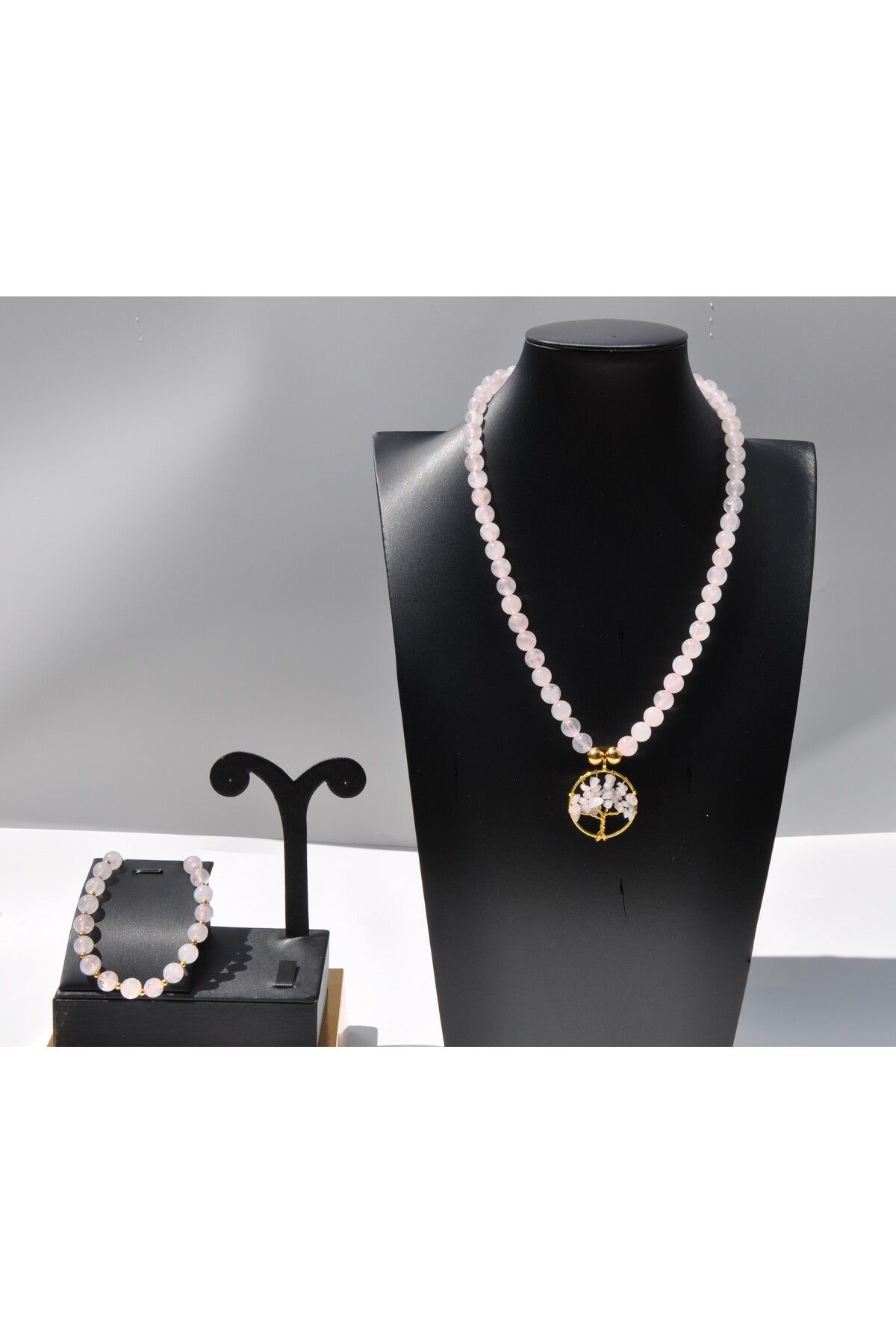 Nilfu Atelier PEMBE KUVARS DOĞAL TAŞ KOLYE BİLEKLİK SETİ