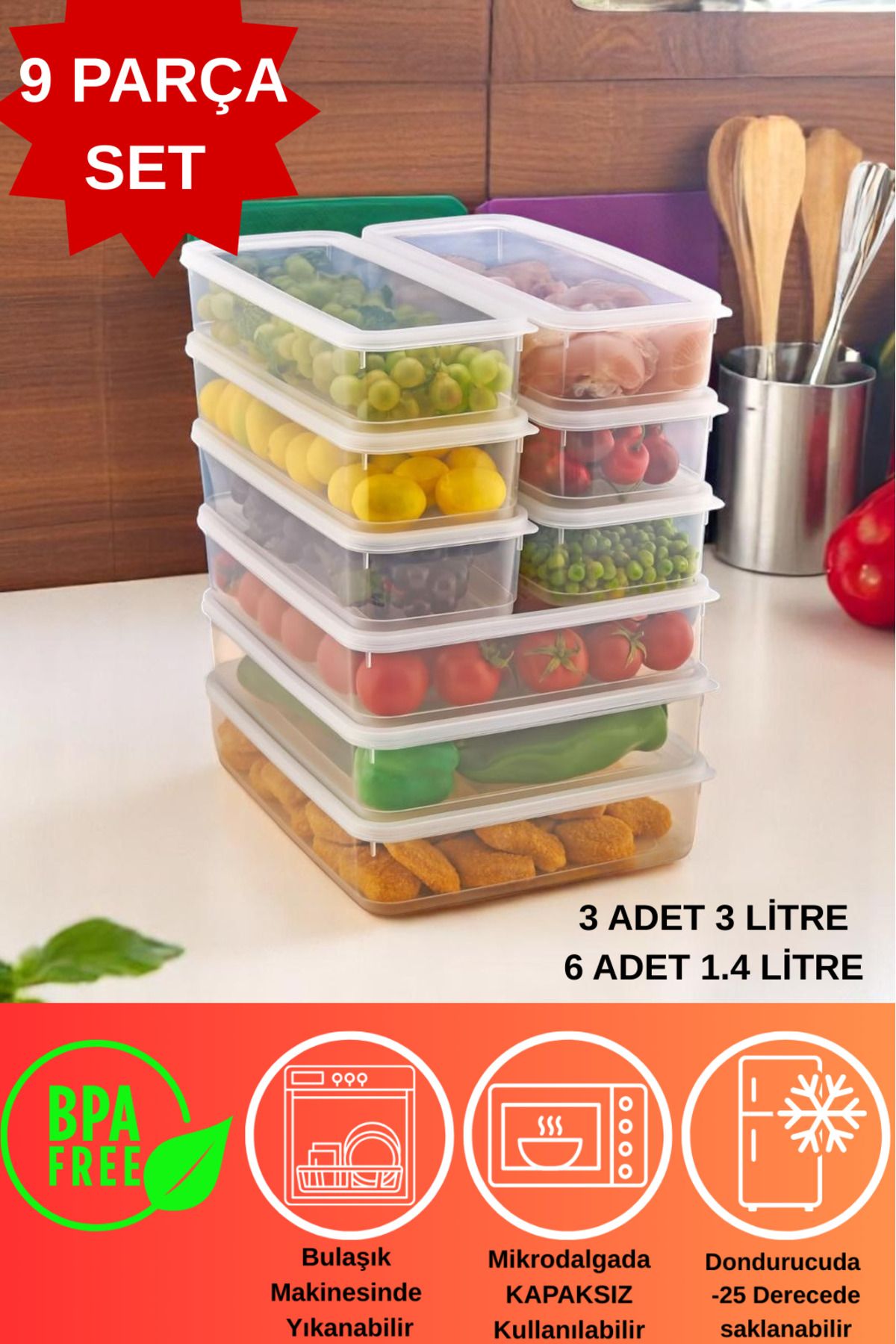 DOVİ HOME 9 Parça Vakumlu Sızdırmaz Saklama Kabı Seti 3Lt ve 1400ml | Şeffaf | Buzdolabı Düzenleyici Set