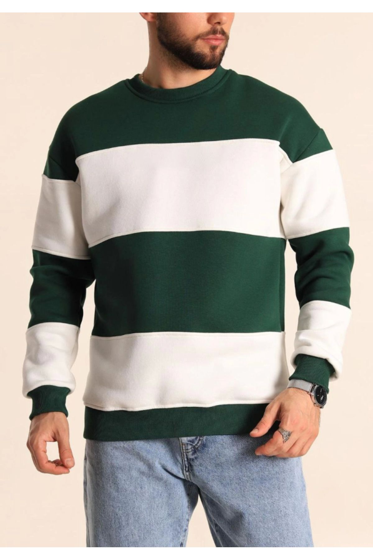 ARUZ MODA Parçalı Bisiklet Yaka Baskılı SweatShirt - Yeşil