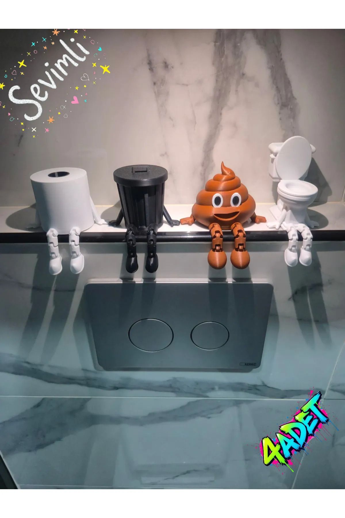 TUBESSA 4'lü Eğlenceli Banyo Dekoratif Figür Seti Tuvalet Kağıdı, Çöp Kovası, Kaka Emojisi ,Klozet Aksesuar