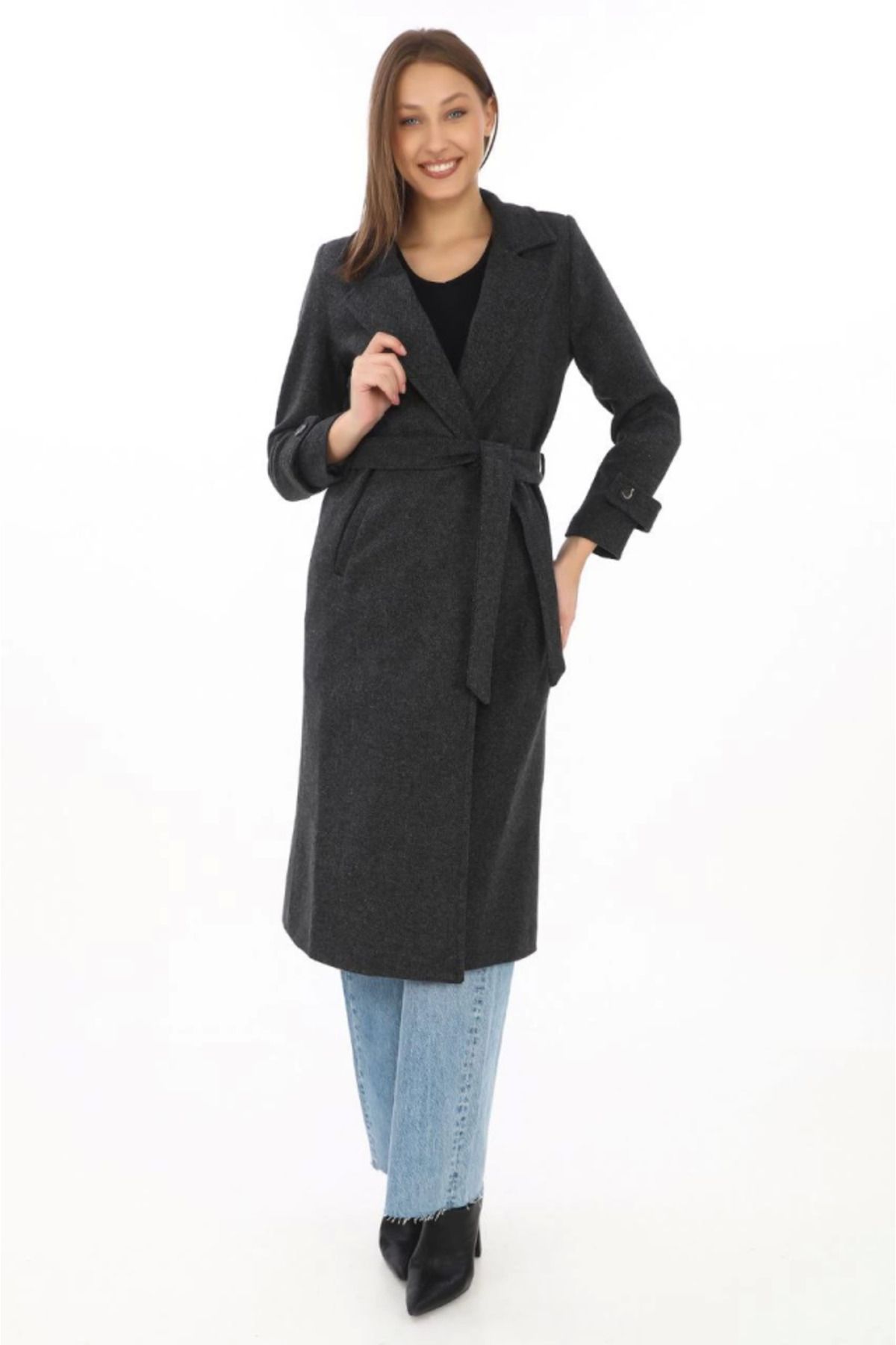 ARUZ MODA Astarlı Balık Sırtı Kaşmir Kaşe Kaban - Siyah