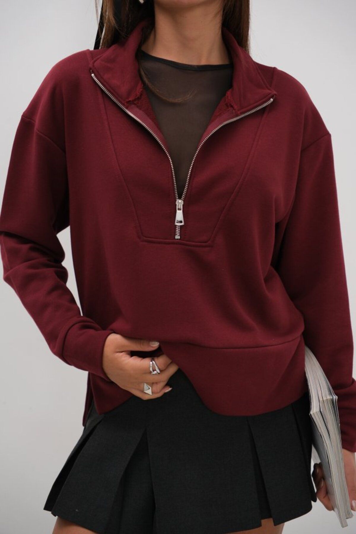ARUZ MODA Fermuar Ve Dikiş Detaylı Sweatshirt
