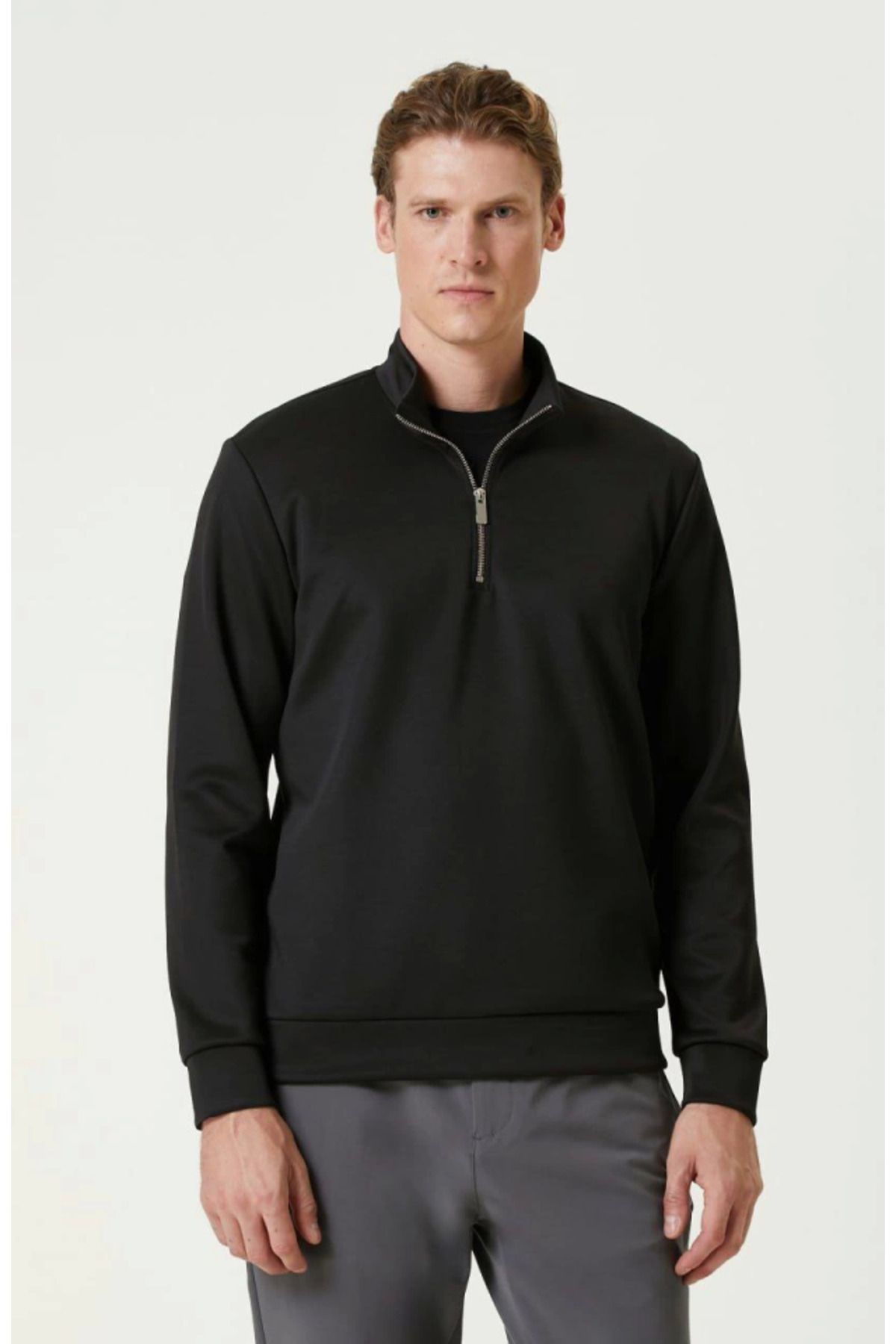ARUZ MODA Unisex Uzun Kol Yarım Farmuarlı Yakalı Basic SweatShirt - Siyah