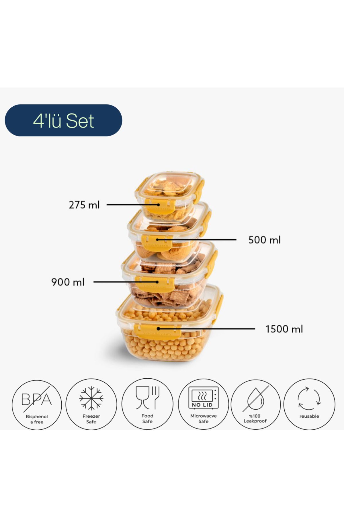 Canbaz Home 5'li Kilitli Kapaklı Saklama Kabı Seti (275-500-900-1500 ml)