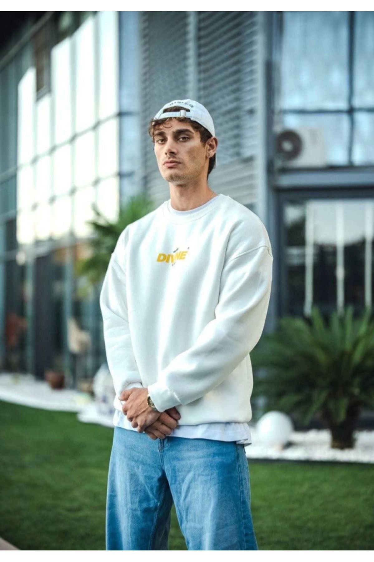 ARUZ MODA Kışlık Bisiklet Yaka Baskılı SweatShirt - Beyaz