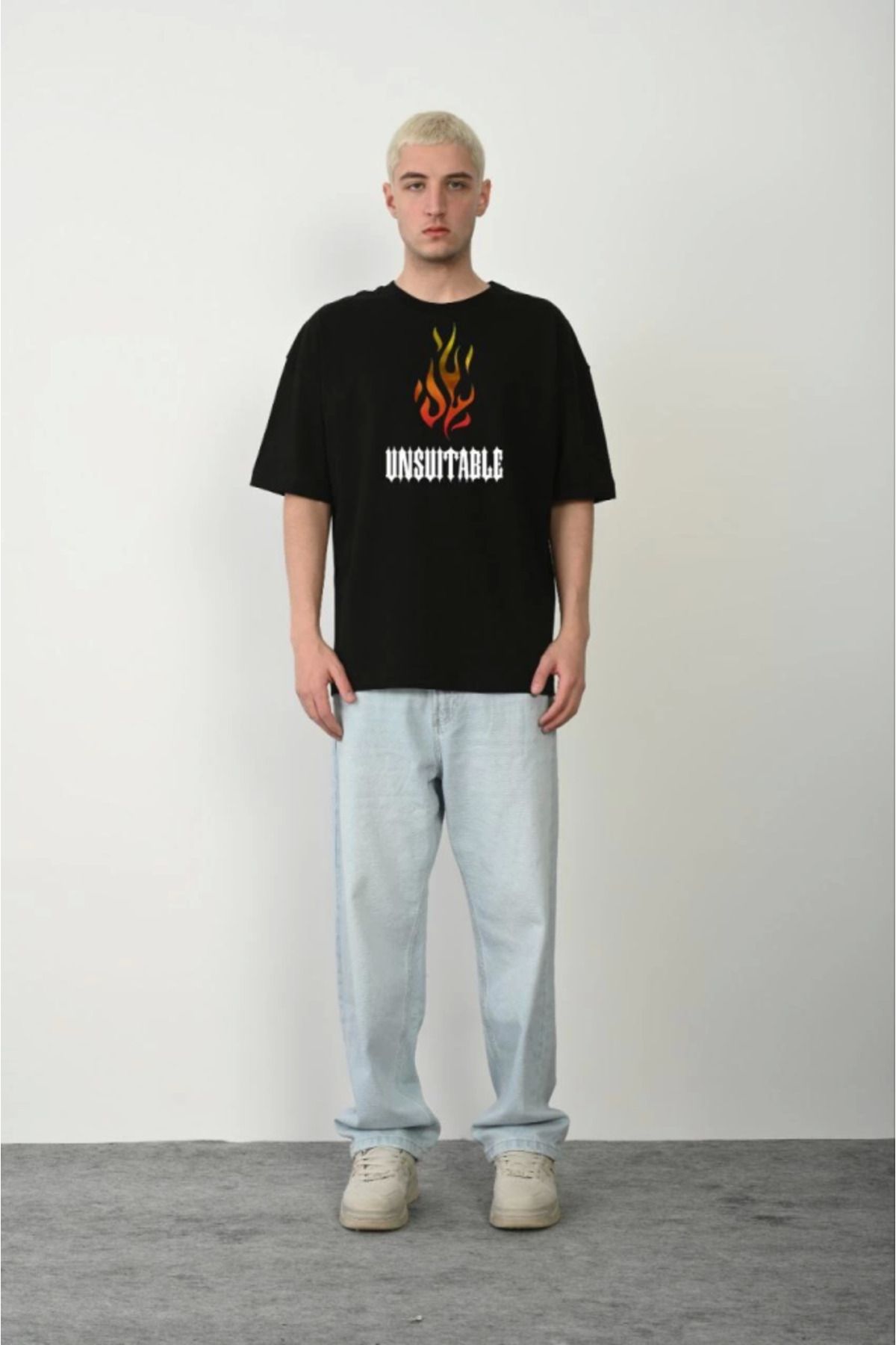 ARUZ MODA Unisex Bisiklet Yaka Baskılı Oversize T-Shirt - Siyah