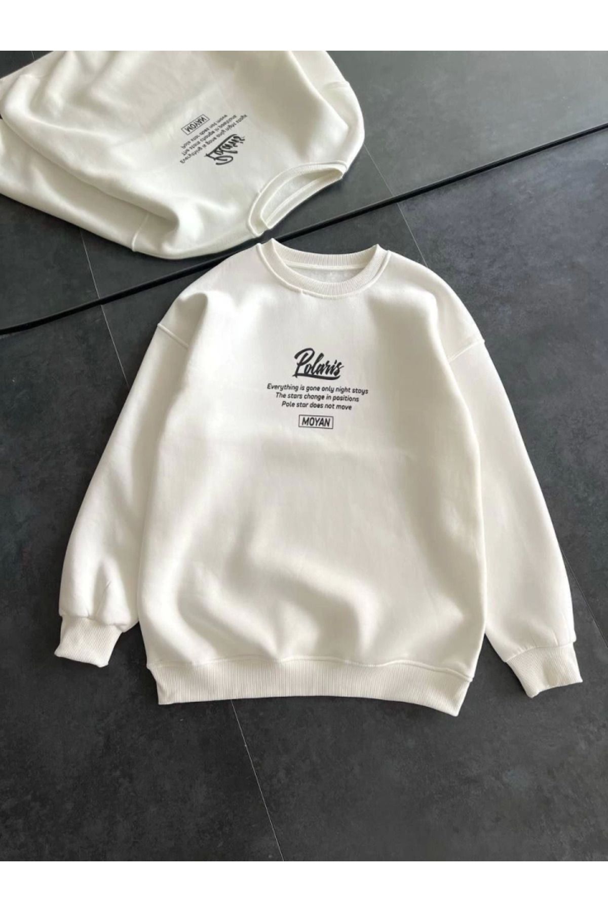 ARUZ MODA Kışlık Bisiklet Yaka Ön Ve Arka Baskılı SweatShirt - Beyaz