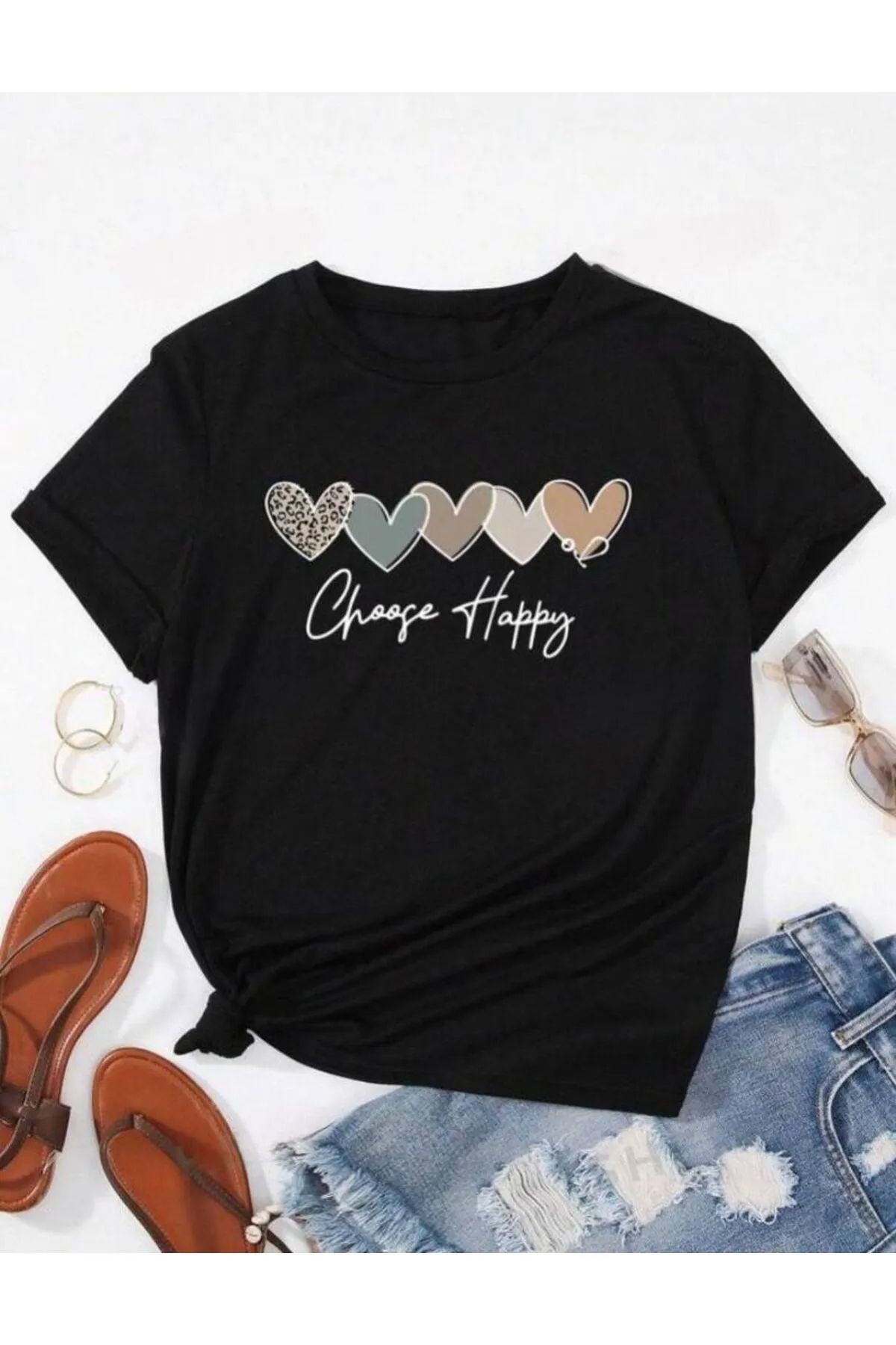 Trend Sizde Unisex Pamuklu Choose Happy Kalp Ön Baskılı Tasarım Tshirt