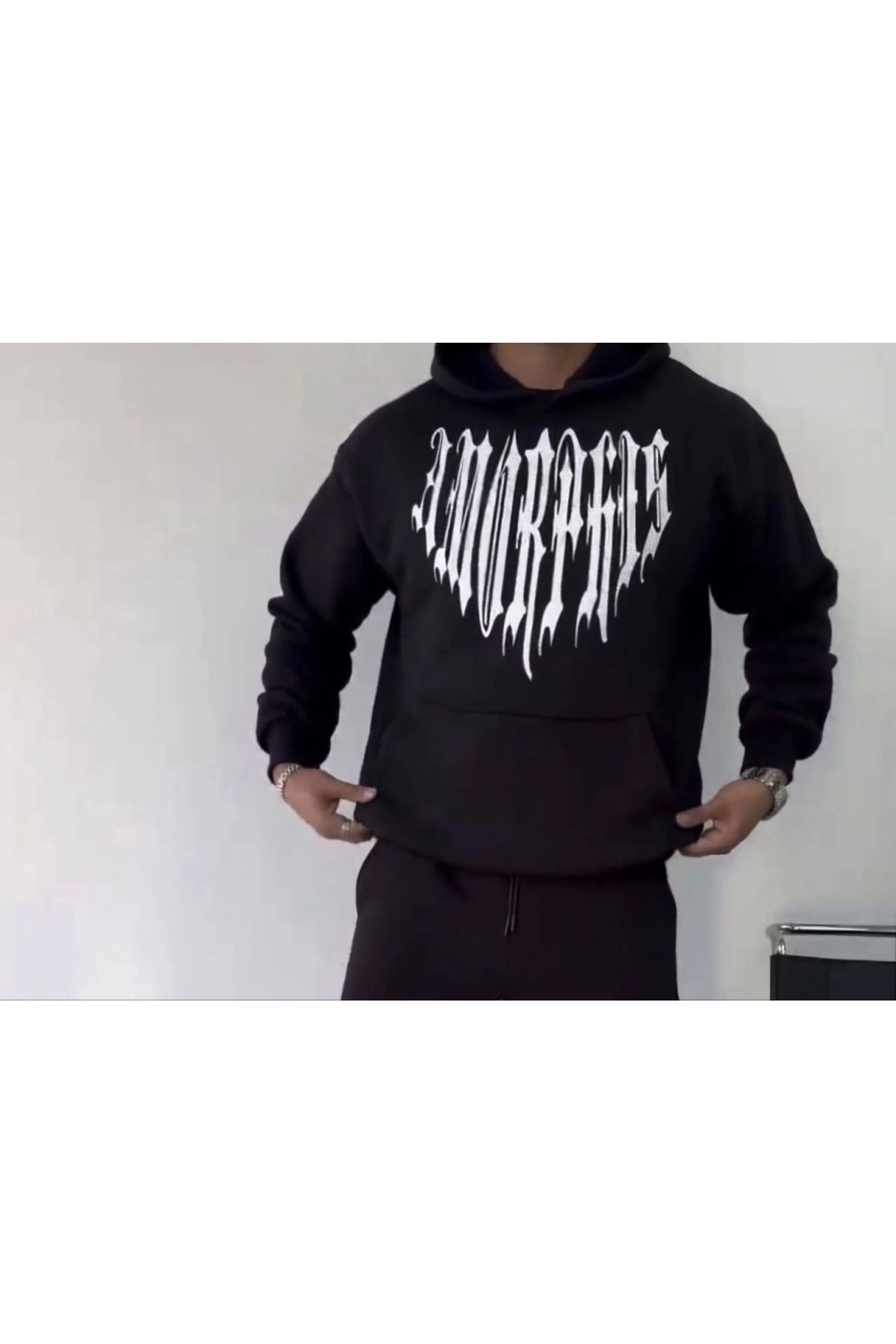 ARUZ MODA Uzun Kol Kapşonlu Baskılı SweatShirt - Siyah
