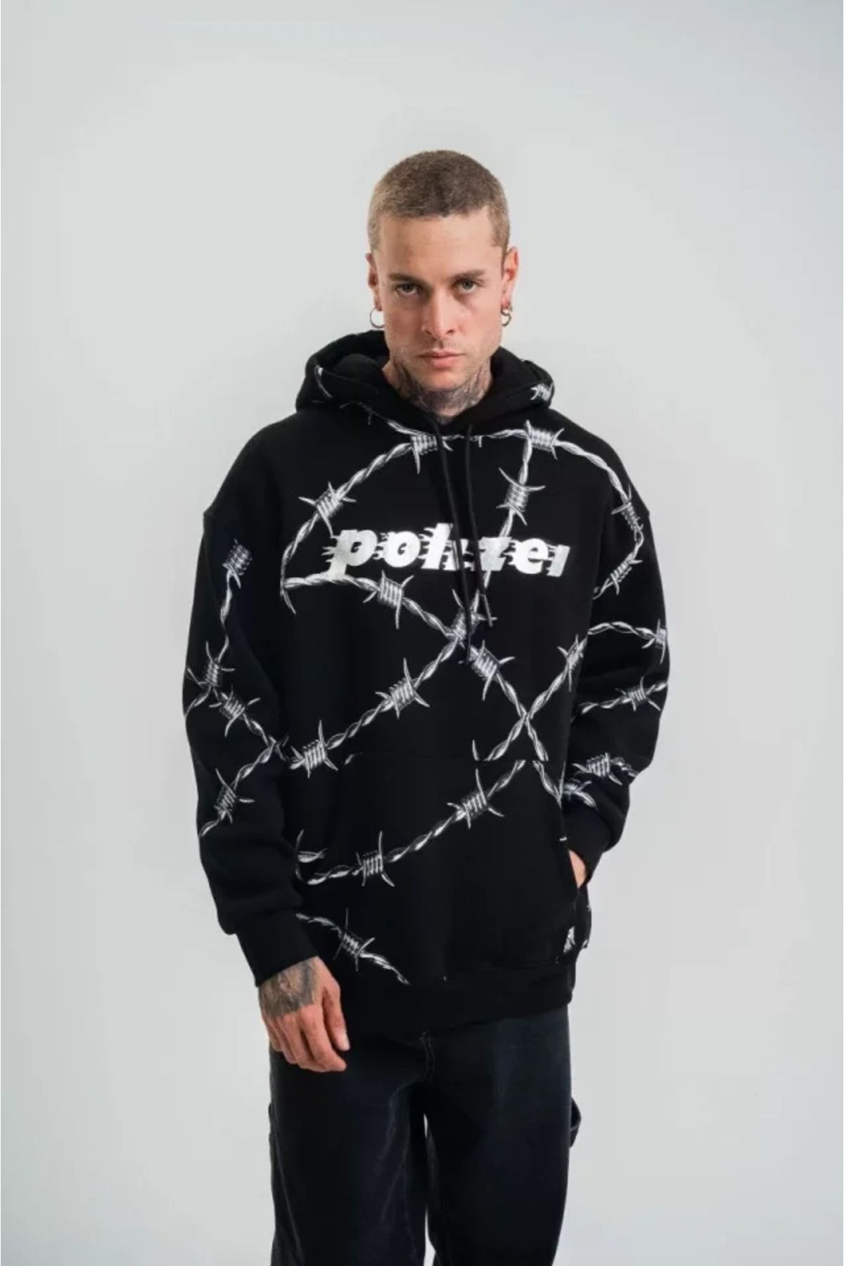 ARUZ MODA POLIZEI Premium Kalite Kapşonlu Varak Ve Pano Baskılı SweatShirt - Siyah