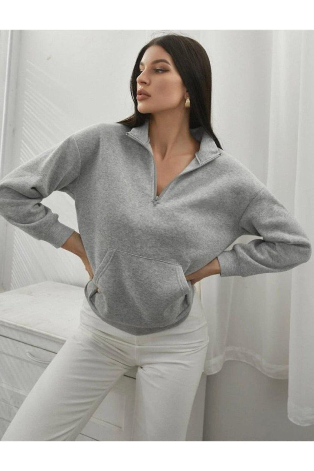 ARUZ MODA Kadın Uzun Kollu Fermuar Detay üç Iplik şardonlu Kumaş Sweat