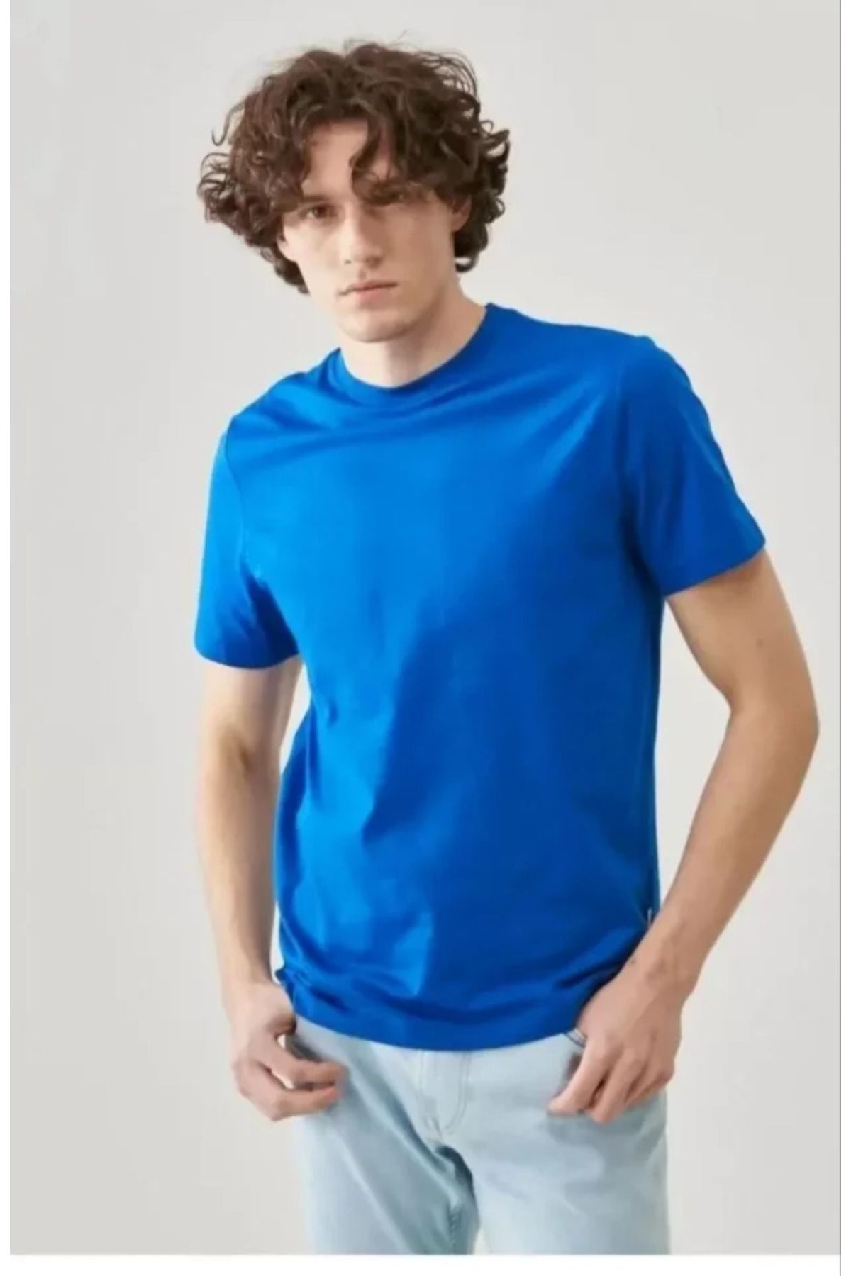 ARUZ MODA Unisex Düz Biskilet Yaka Oversize T-shirt - Mavi