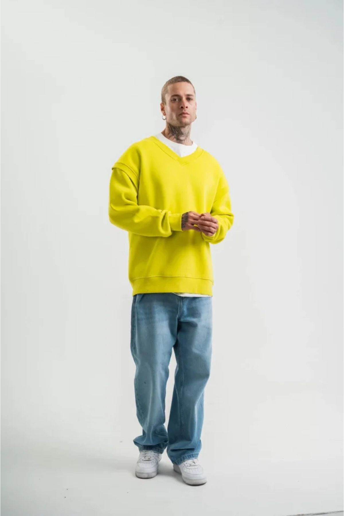 ARUZ MODA Geniş V Yaka Kol Ribana Detaylı SweatShirt - Sarı