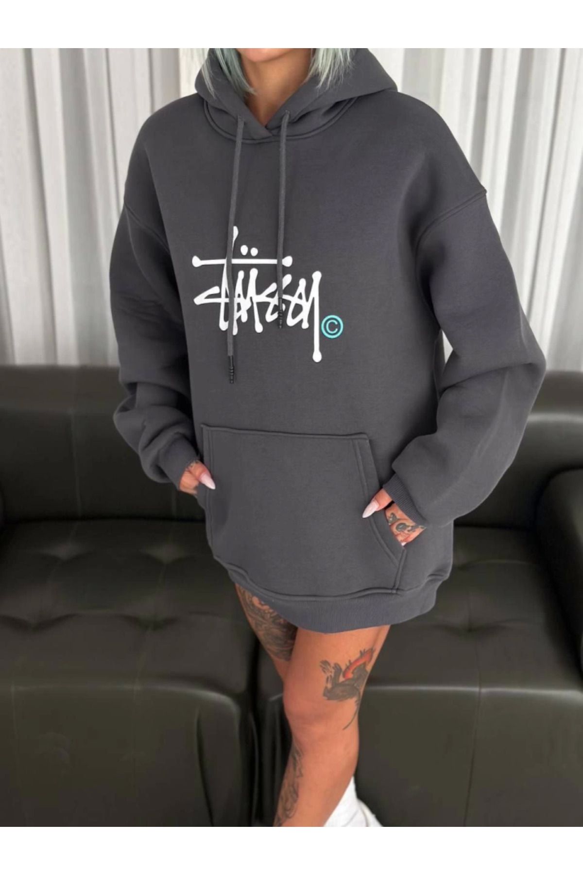 ARUZ MODA Üç İplik Kapşonlu Baskılı SweatShirt - Füme
